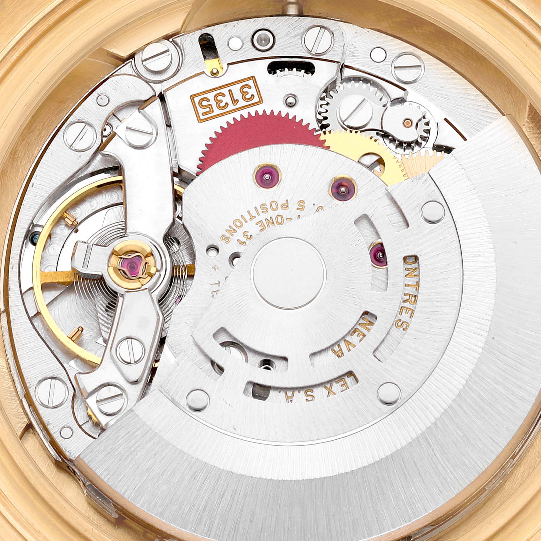 The image shows the internal mechanism of a Rolex Yacht-Master 16628 Men's Yellow Gold White Dial 16628 Men's Yellow Gold White Dial watch at a top-down angle.
