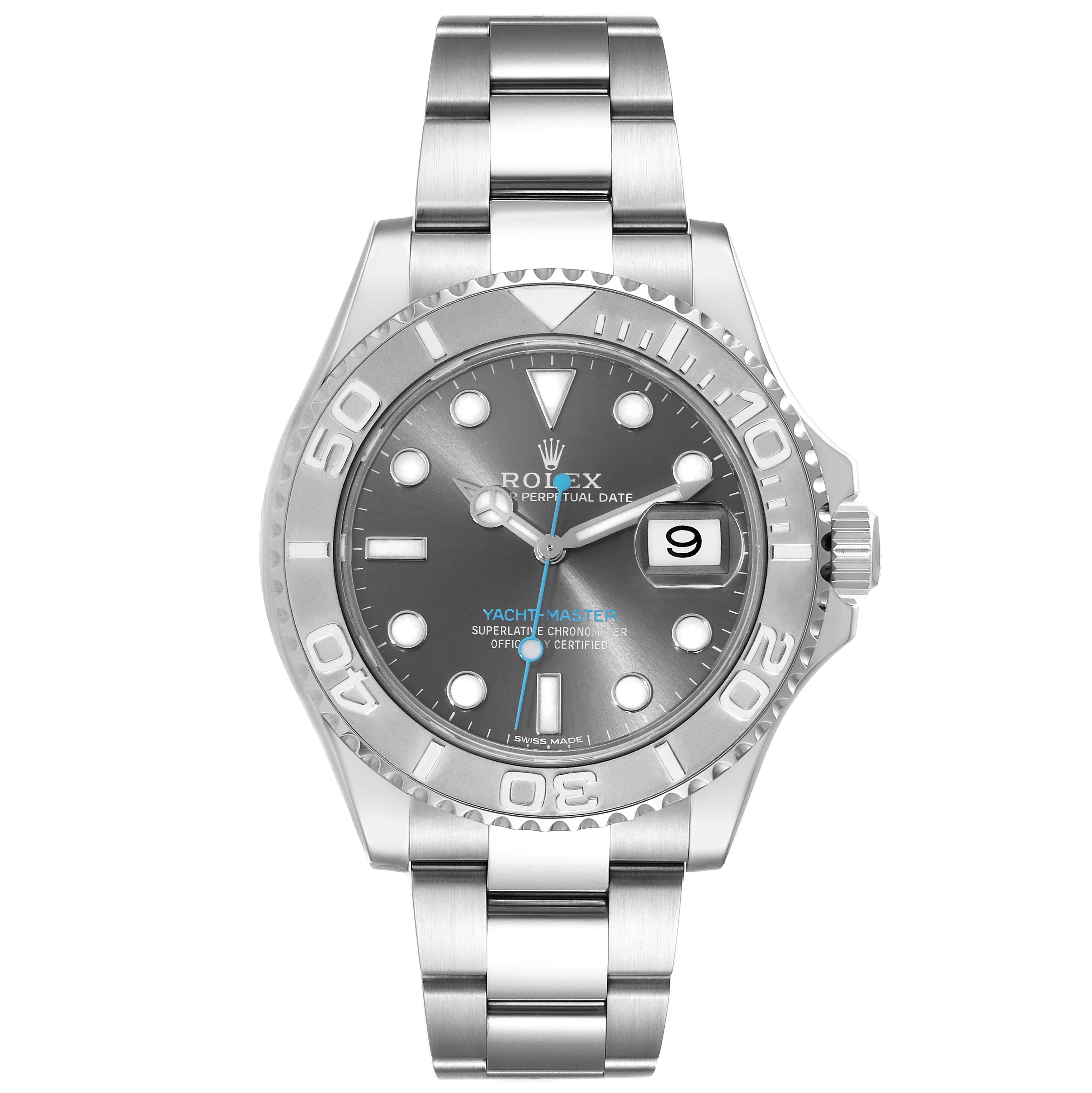 This Rolex Yacht-Master 116622 Men's Stainless Steel Grey Dial 116622 Men's Stainless Steel Grey Dial watch is shown from a top-down angle, clearly displaying the face, bezel, and bracelet.