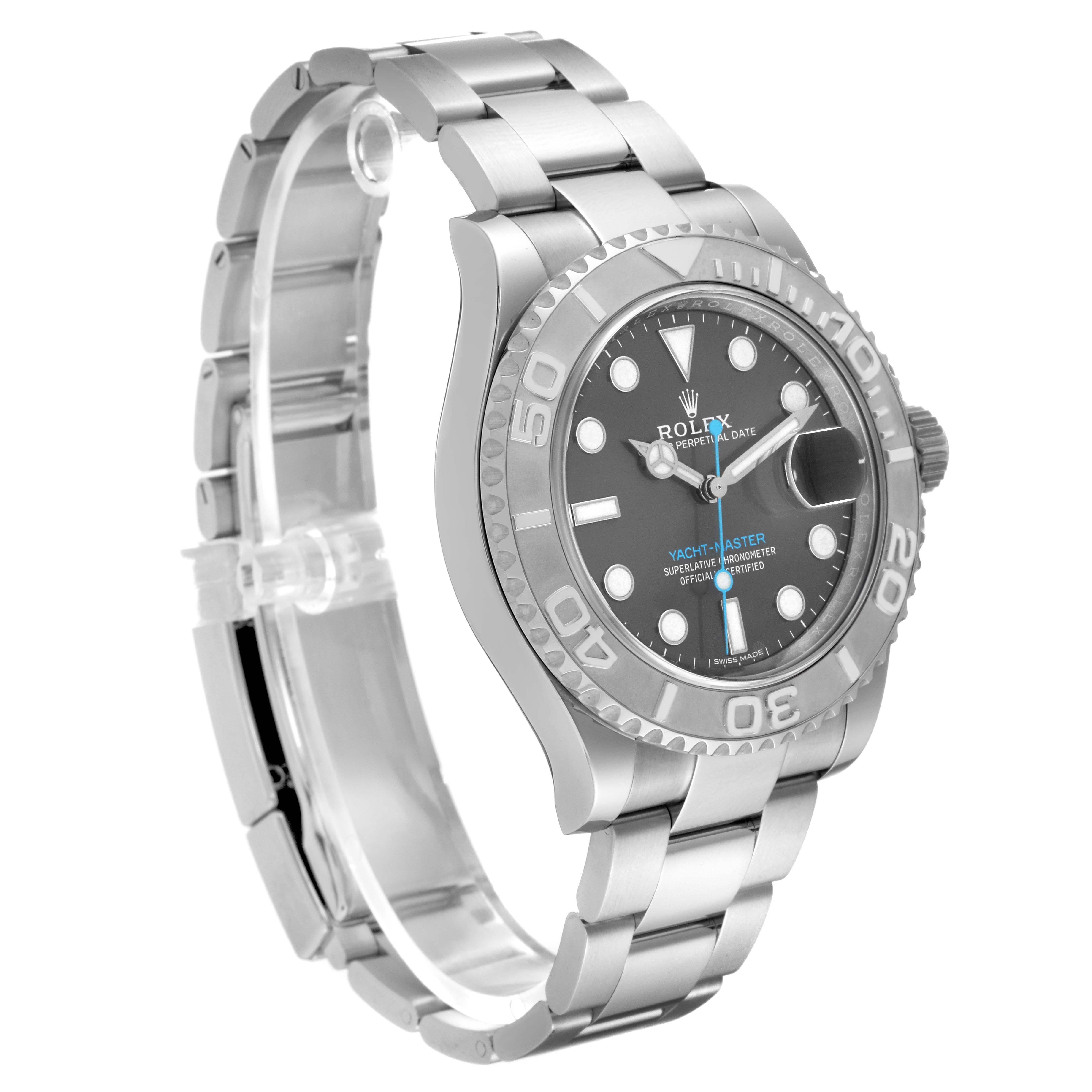 The image shows a side view of the Rolex Yacht-Master 116622 Men's Stainless Steel Grey Dial 116622 Men's Stainless Steel Grey Dial watch, highlighting its bracelet, bezel, and dial.