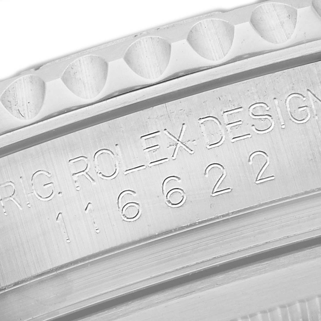 This close-up image shows the engraved model number and bezel details of a Rolex Yacht-Master 116622 Men's Stainless Steel Grey Dial 116622 Men's Stainless Steel Grey Dial watch.