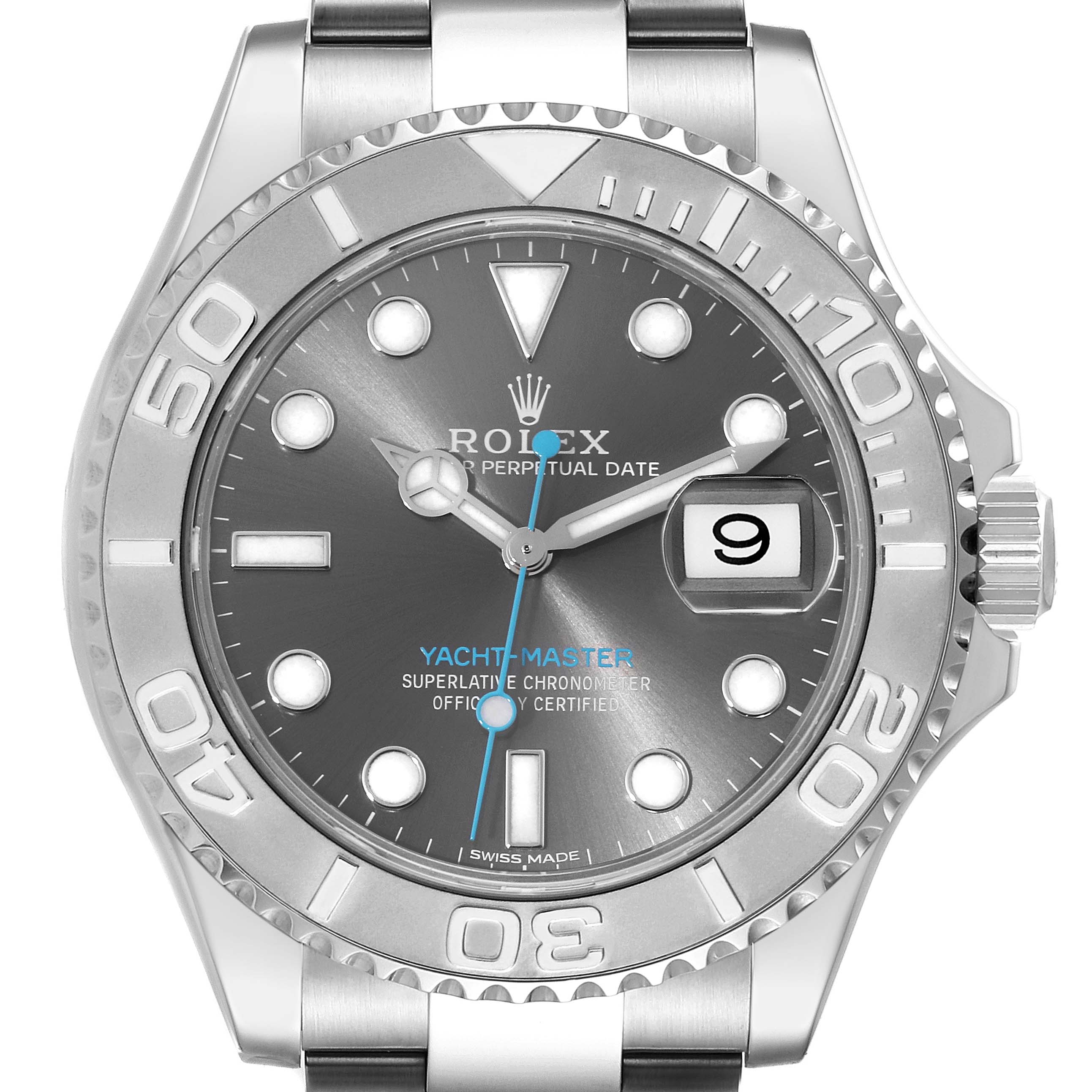 This Rolex Yacht-Master 116622 Men's Stainless Steel Grey Dial 116622 Men's Stainless Steel Grey Dial watch is shown from the front, highlighting the dial, case, bezel, and bracelet.