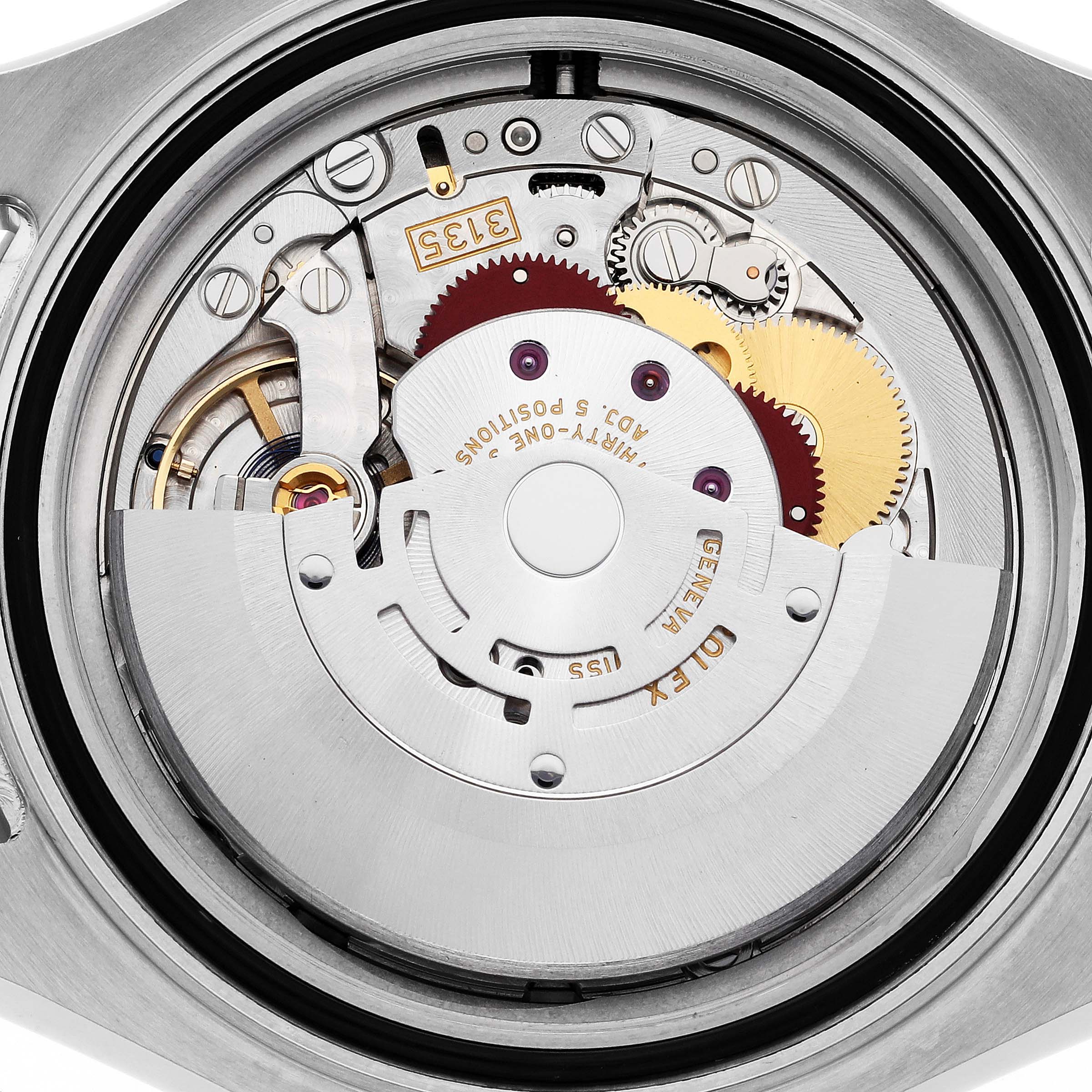 This image shows the internal movement mechanism of a Rolex Yacht-Master 116622 Men's Stainless Steel Grey Dial 116622 Men's Stainless Steel Grey Dial watch from a top-down angle.