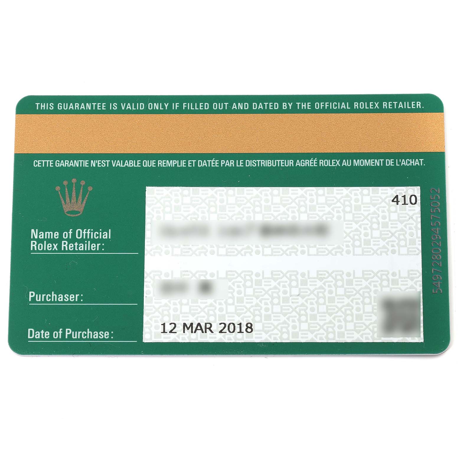 This image shows the guarantee card for the Rolex Yacht-Master 116622 Men's Stainless Steel Grey Dial 116622 Men's Stainless Steel Grey Dial model, detailing purchase and retailer information.