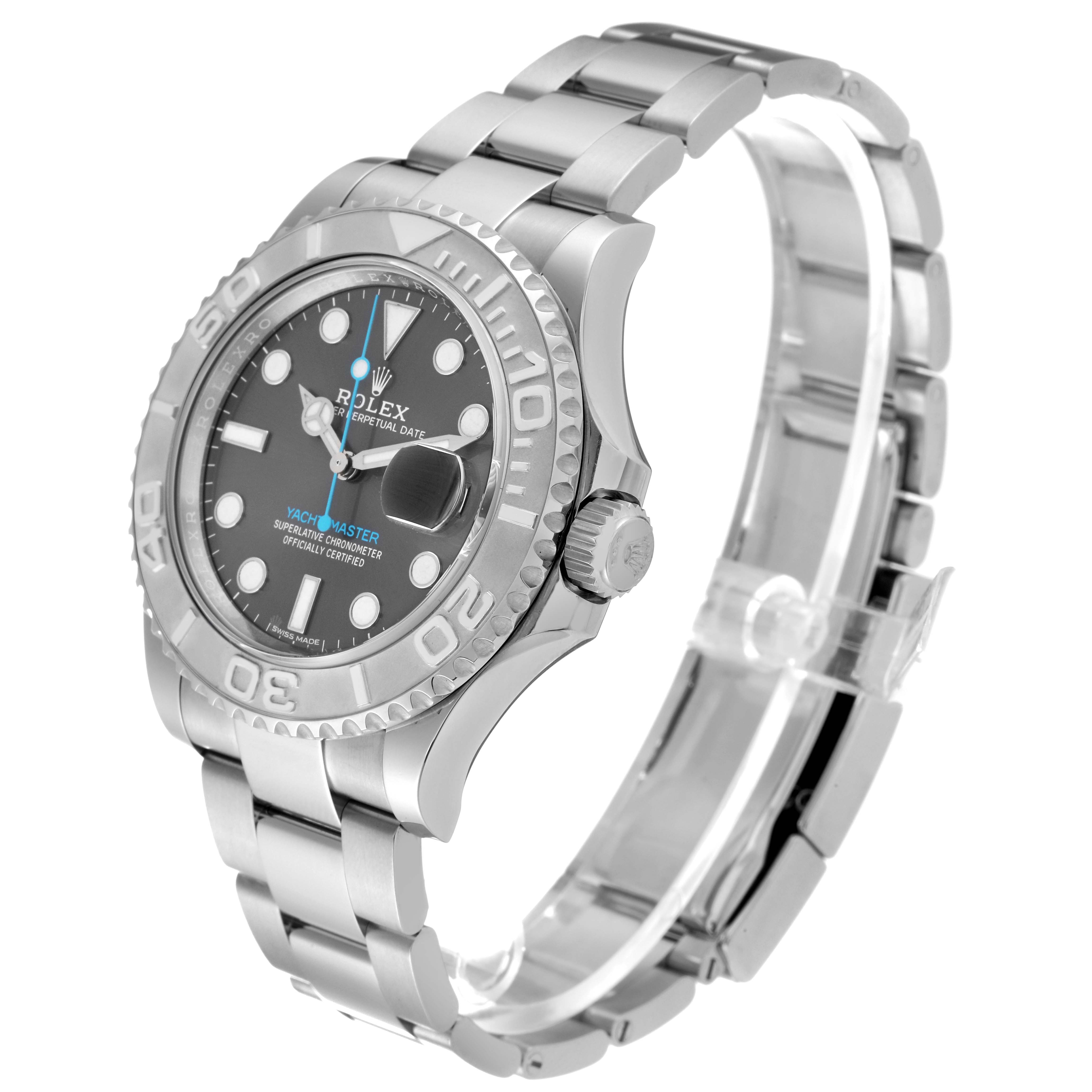This Rolex Yacht-Master 116622 Men's Stainless Steel Grey Dial 116622 Men's Stainless Steel Grey Dial watch is shown at a three-quarters angle, highlighting its bezel, dial, and bracelet.