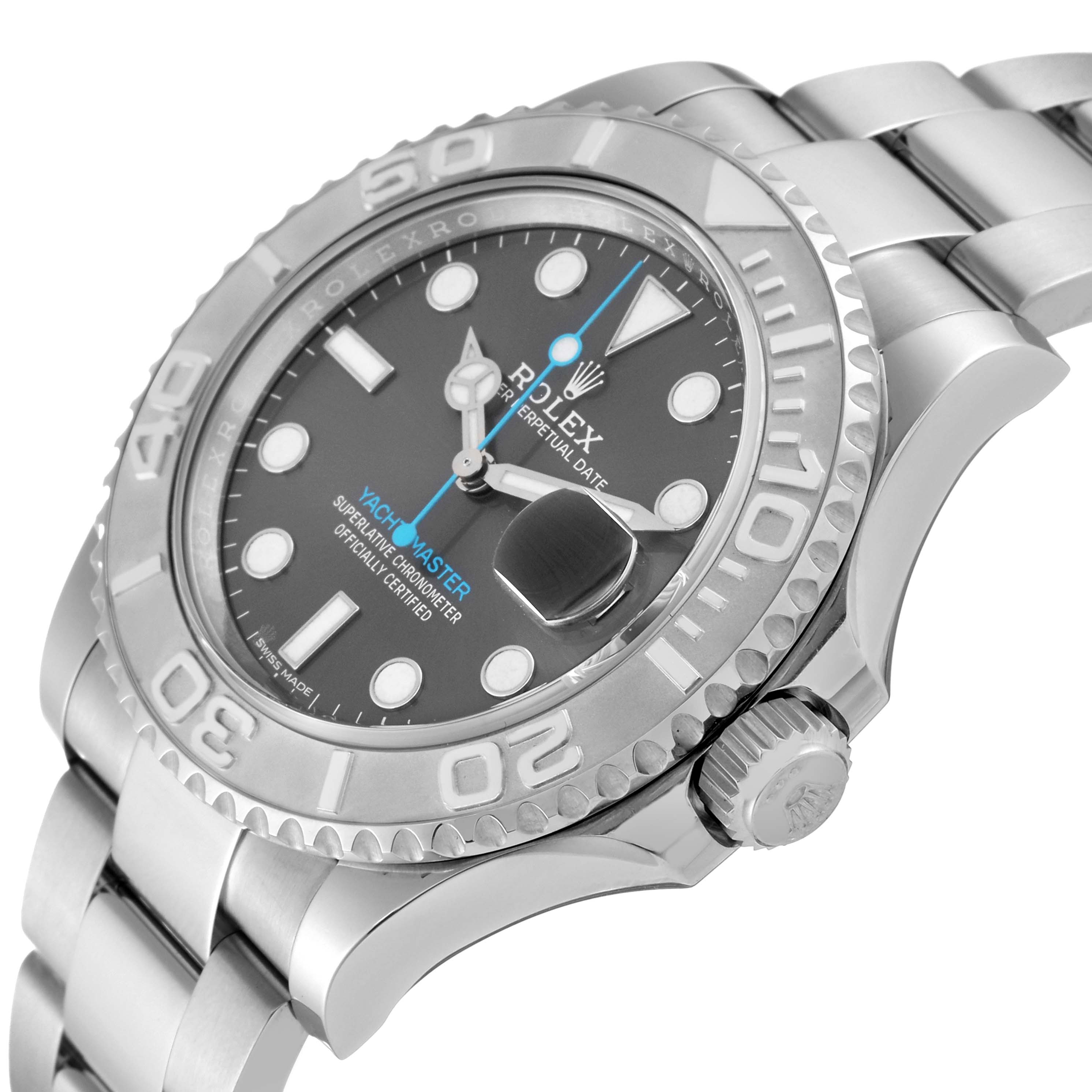 The Rolex Yacht-Master 116622 Men's Stainless Steel Grey Dial 116622 Men's Stainless Steel Grey Dial watch is shown from an angled side view, highlighting the dial, bezel, crown, and part of the metal bracelet.