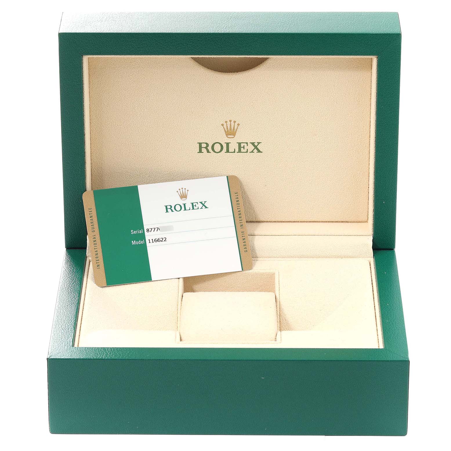 The image displays a Rolex Yacht-Master 116622 Men's Stainless Steel Grey Dial 116622 Men's Stainless Steel Grey Dial watch box and warranty card, shown from a front angle.