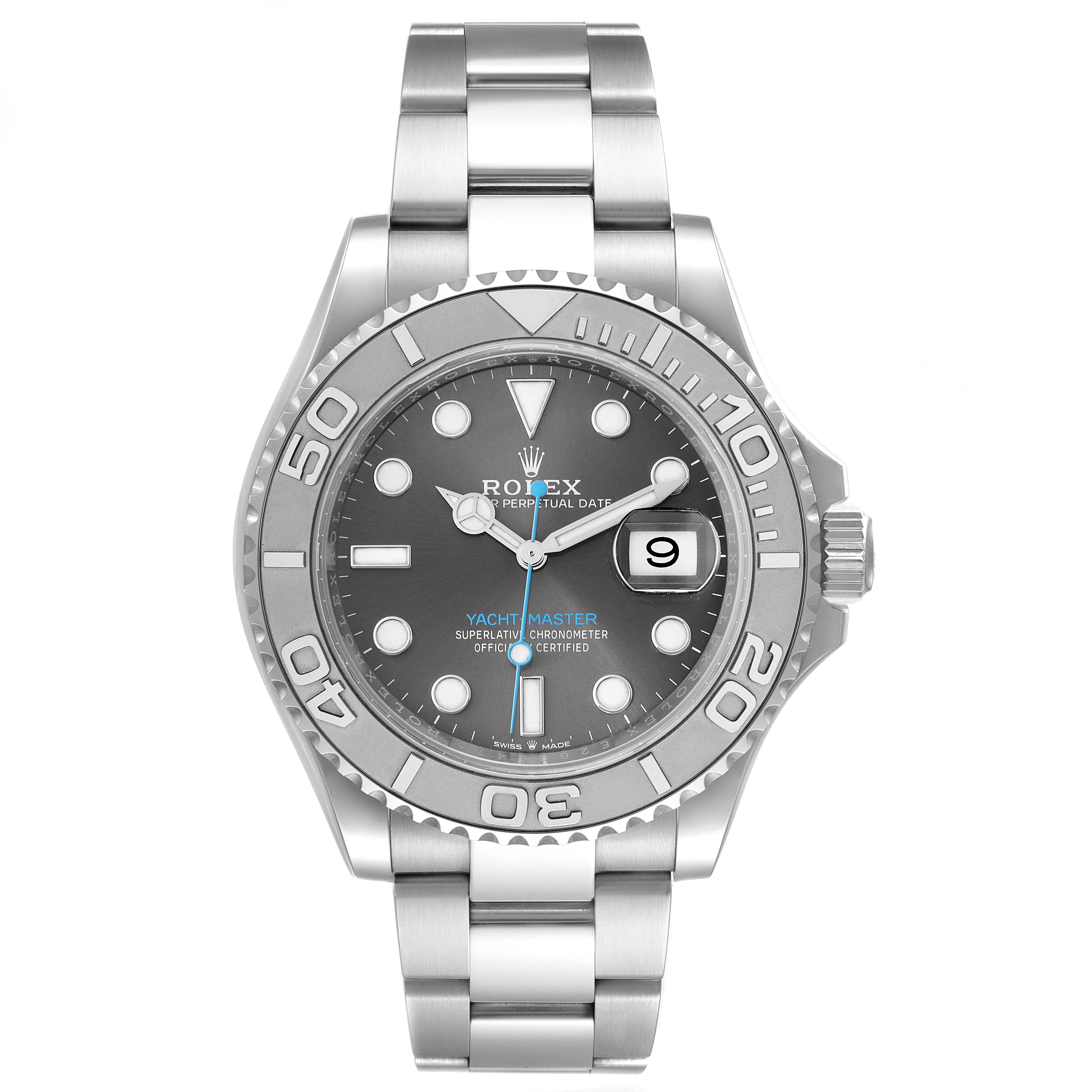 This image shows a Rolex Yacht-Master 126622 Men's Platinum Grey Dial 126622 Men's Platinum Grey Dial watch from a front angle, displaying its bezel, dial, hands, date window, and bracelet.