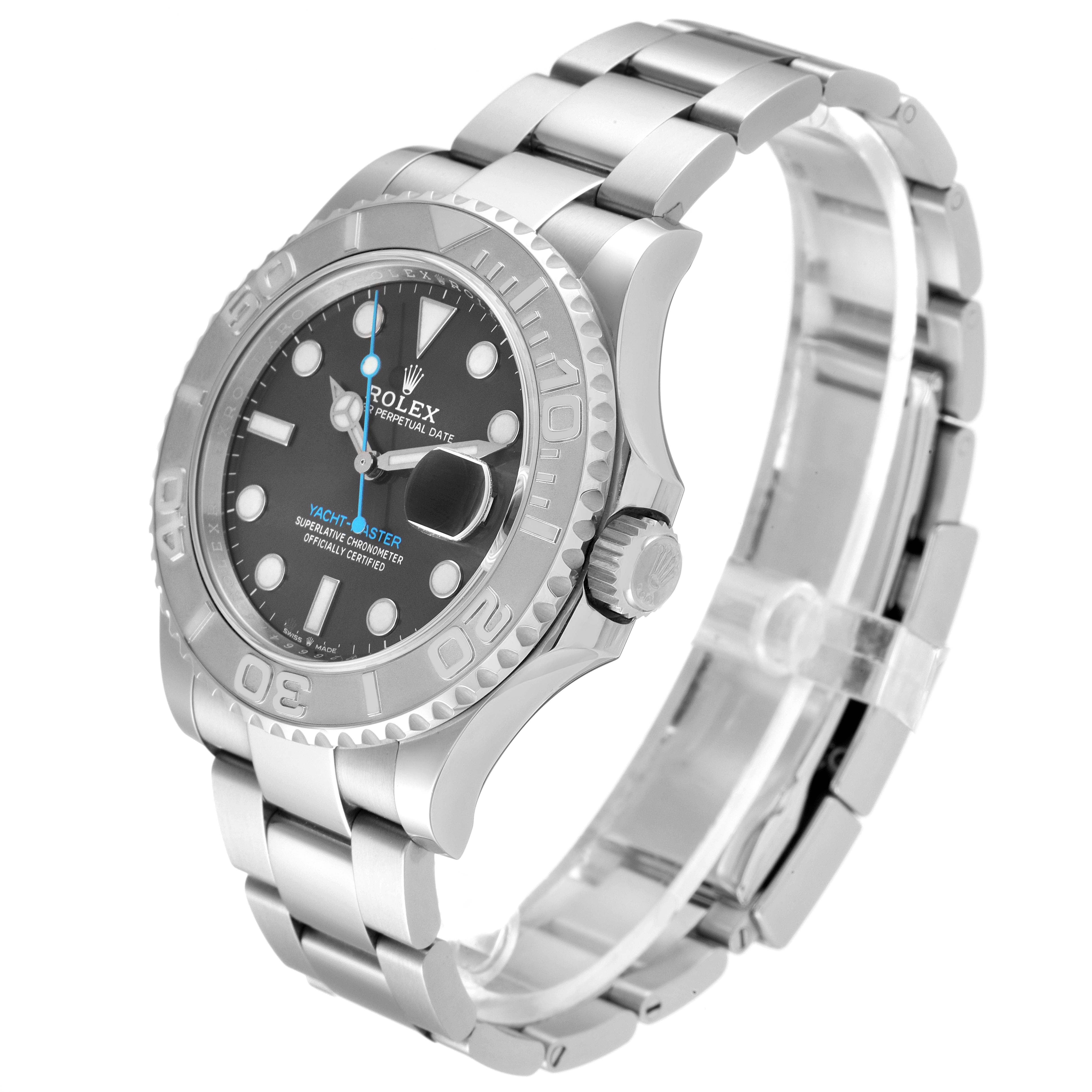 The Rolex Yacht-Master 126622 Men's Platinum Grey Dial 126622 Men's Platinum Grey Dial watch is shown at an angled side view, highlighting the face, bezel, and bracelet.
