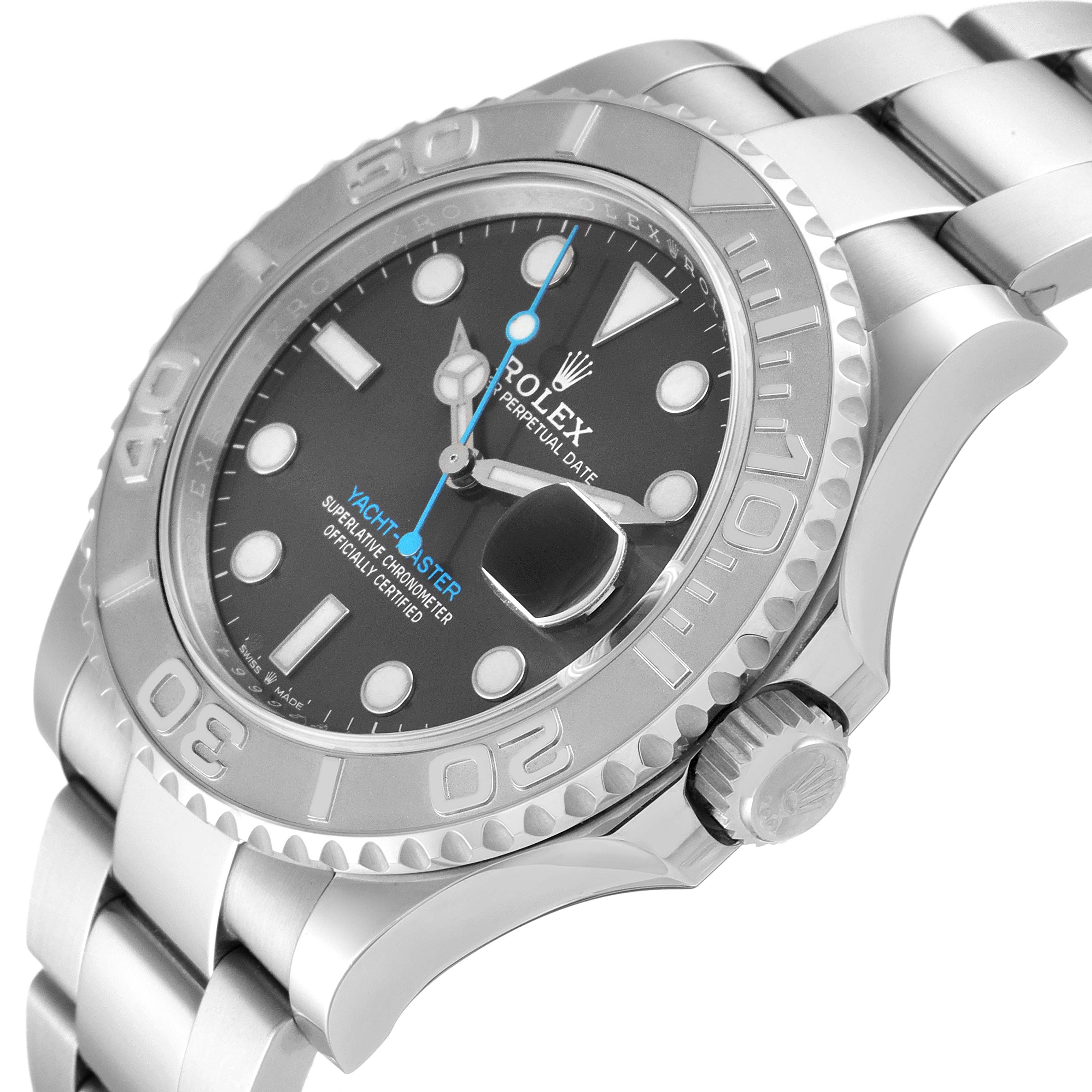 The image shows a Rolex Yacht-Master 126622 Men's Platinum Grey Dial 126622 Men's Platinum Grey Dial watch at an angled side view, highlighting the bezel, dial, crown, and part of the bracelet.