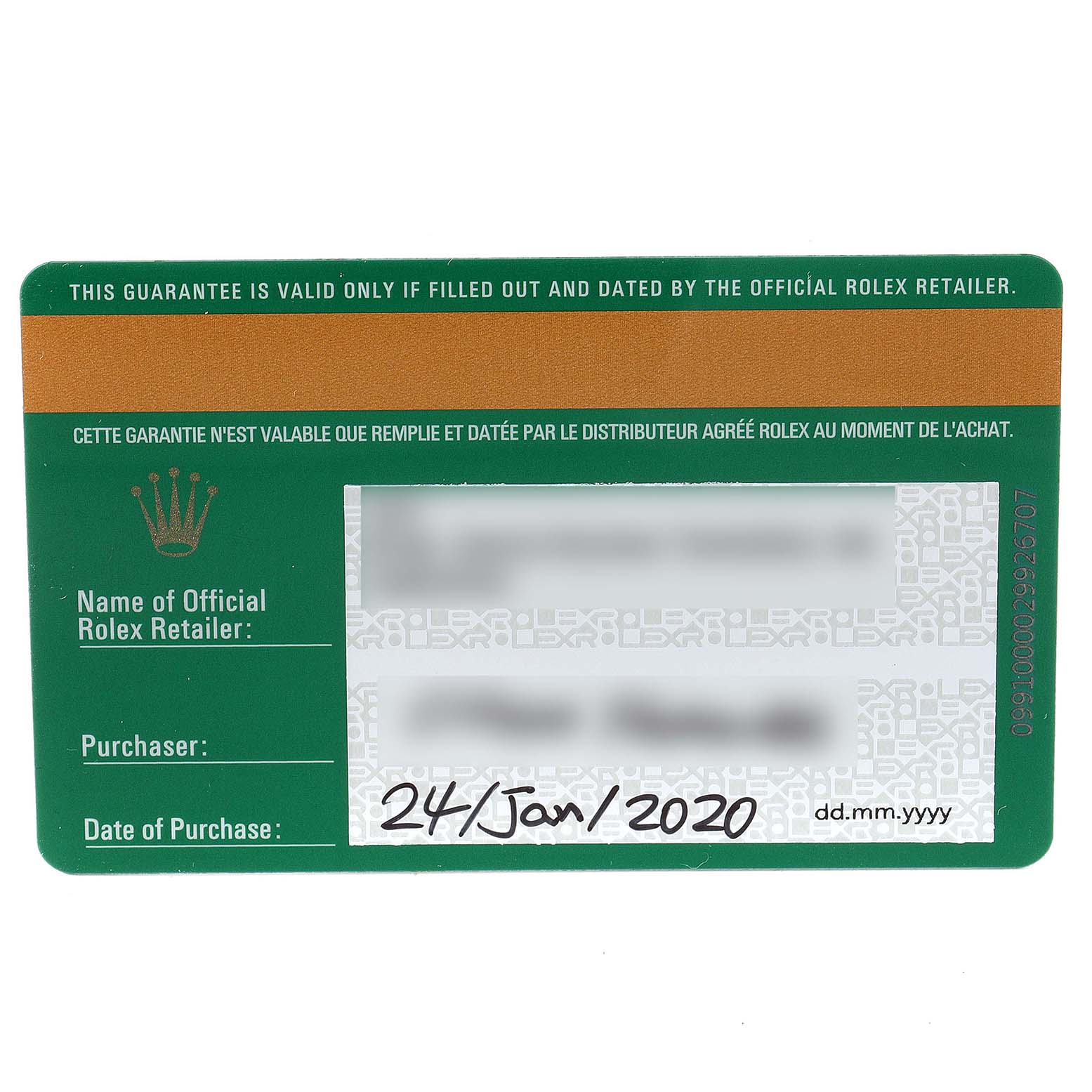 This image shows the guarantee card for a Rolex Yacht-Master 126622 Men's Platinum Grey Dial 126622 Men's Platinum Grey Dial watch, dated "24/Jan/2020".