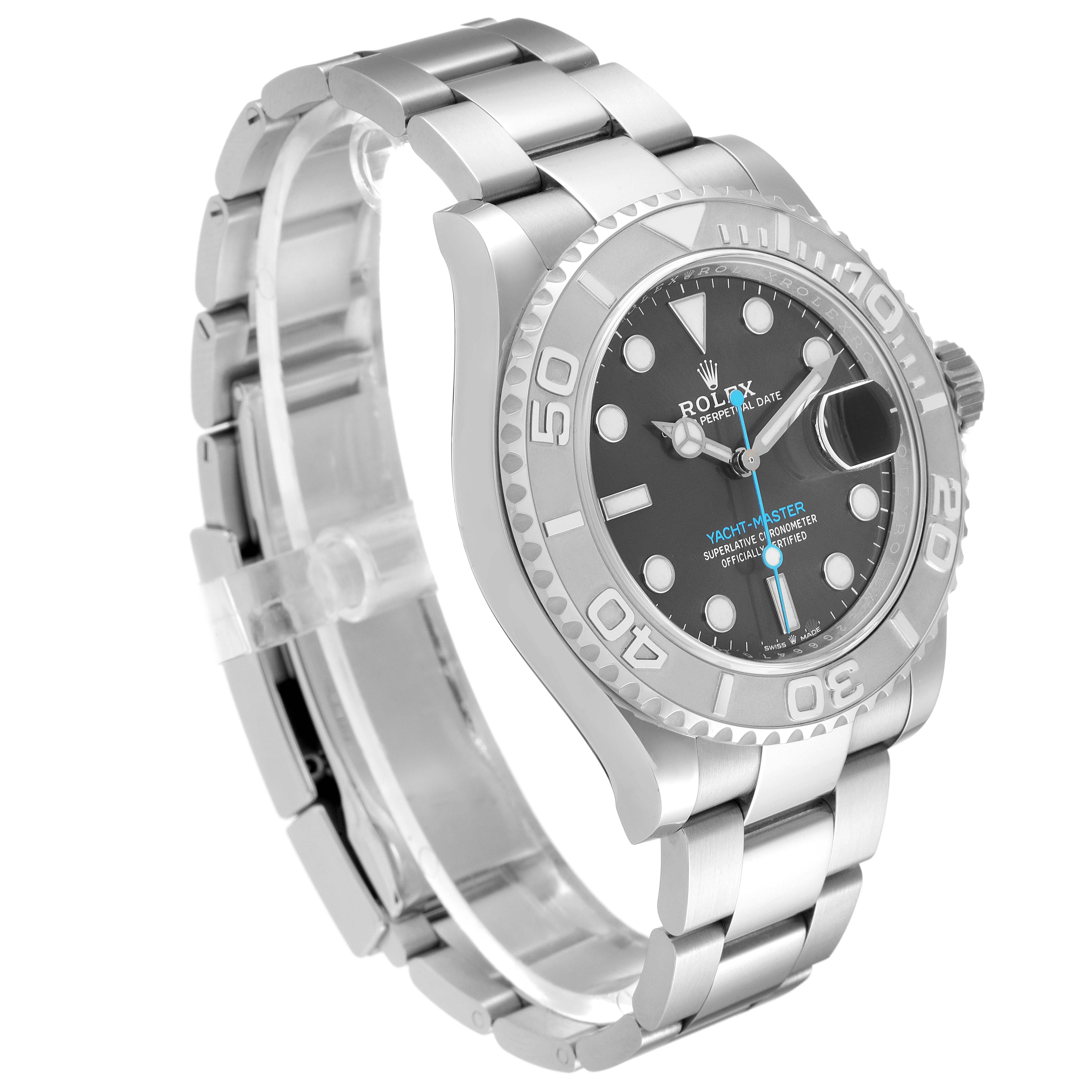 The Rolex Yacht-Master 126622 Men's Platinum Grey Dial 126622 Men's Platinum Grey Dial watch is shown at an angled view, displaying the stainless steel bracelet, bezel, and black dial.