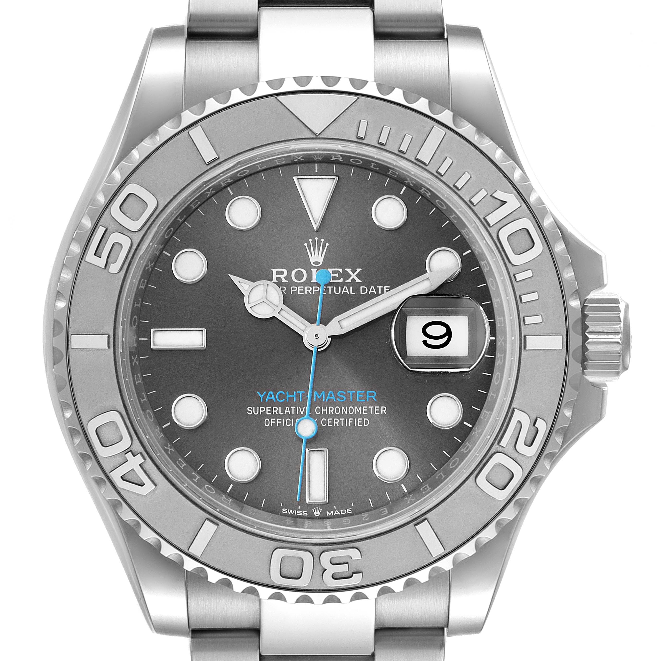 The image shows a front view of the Rolex Yacht-Master 126622 Men's Platinum Grey Dial 126622 Men's Platinum Grey Dial watch, displaying its dial, bezel, hands, and part of its metal bracelet.