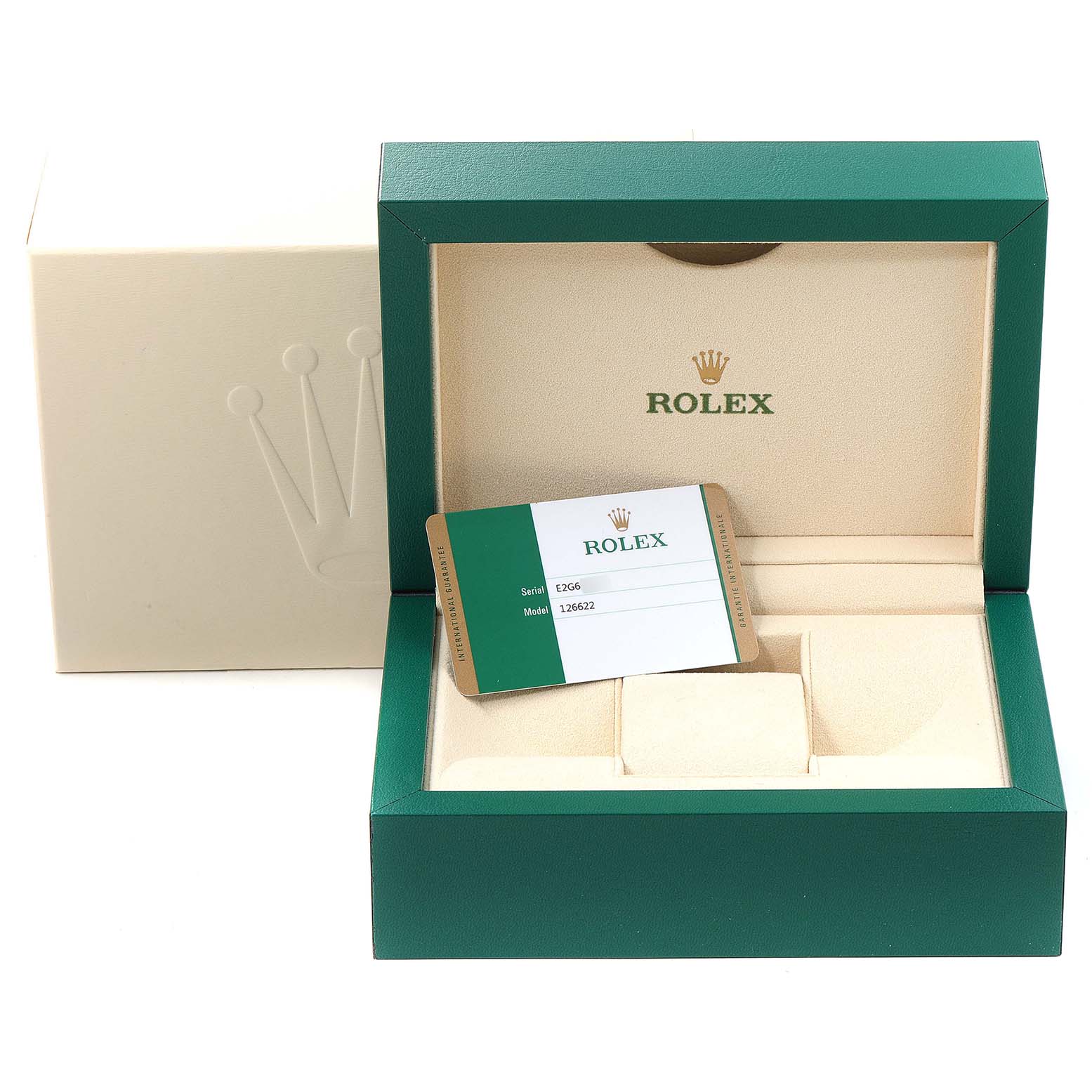 The image shows an open Rolex Yacht-Master 126622 Men's Platinum Grey Dial 126622 Men's Platinum Grey Dial watch box with a warranty card inside, viewed from the front.
