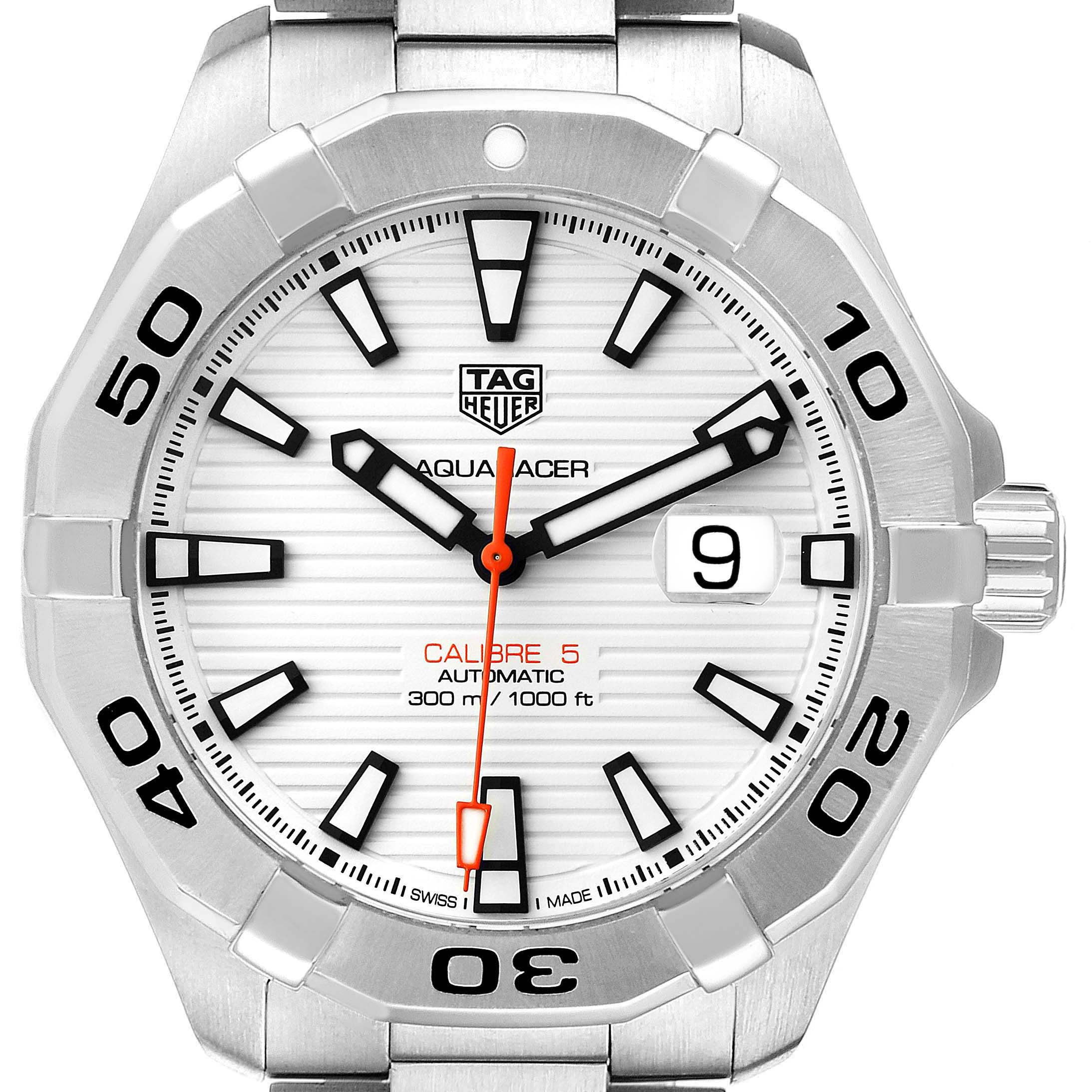 The image shows a close-up of the Tag Heuer Aquaracer WAY2013.BA0927 Men's Stainless Steel White Dial WAY2013.BA0927 Men's Stainless Steel White Dial watch face, highlighting the dial, bezel, hands, and crown.