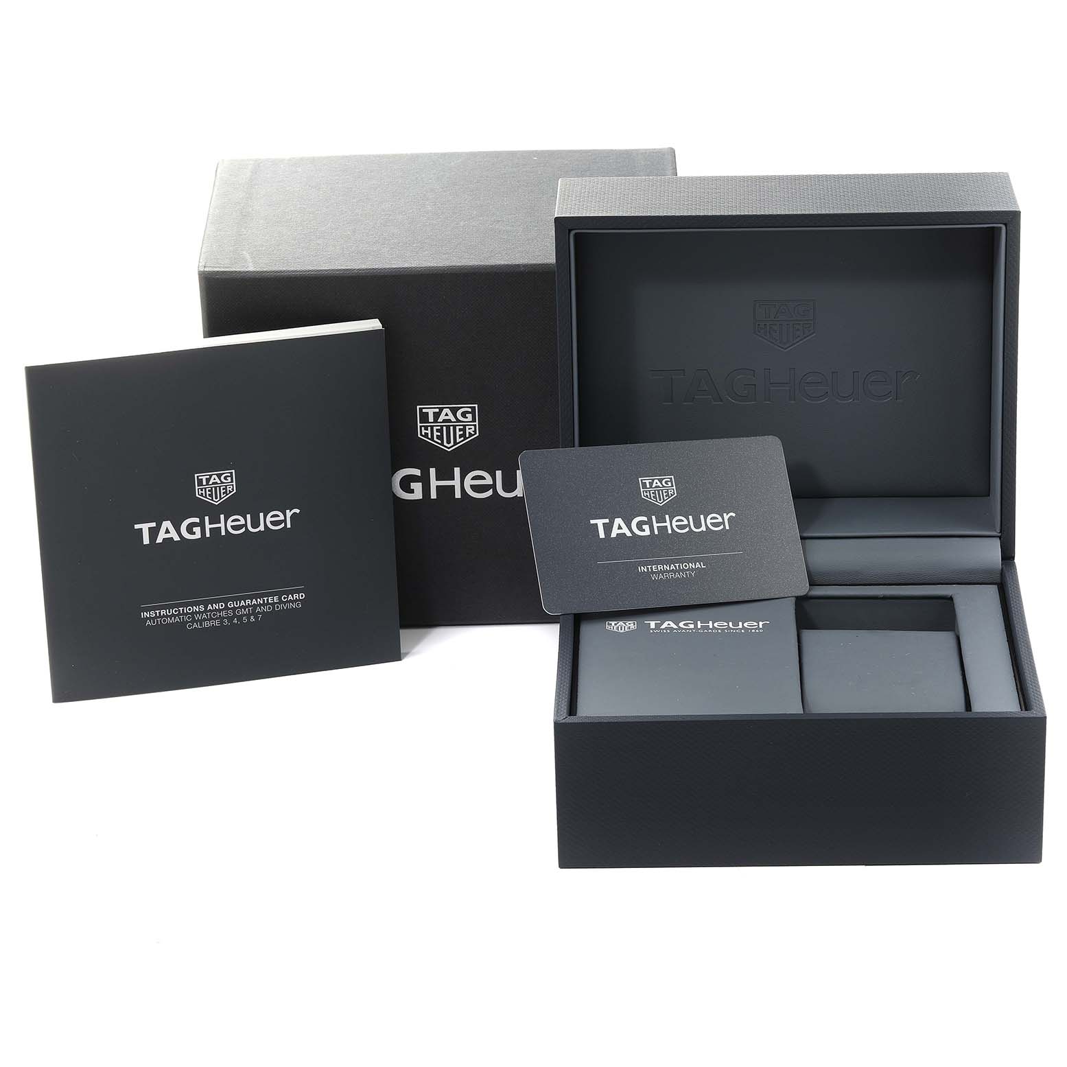 The image shows the packaging, instruction booklet, and warranty card for the Tag Heuer Aquaracer WAY2013.BA0927 Men's Stainless Steel White Dial WAY2013.BA0927 Men's Stainless Steel White Dial model, viewed from the front angle.