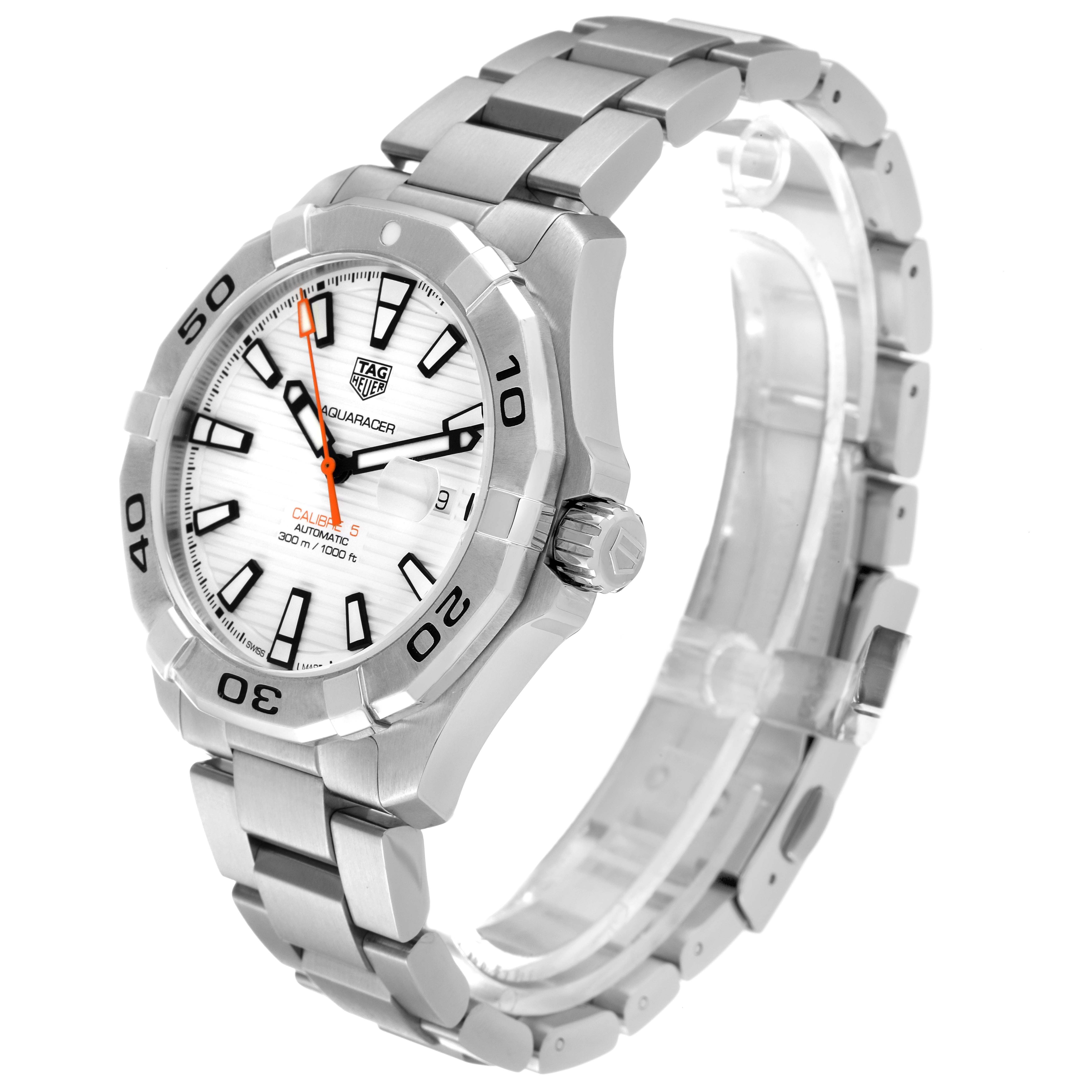 The image shows a side view of the Tag Heuer Aquaracer WAY2013.BA0927 Men's Stainless Steel White Dial WAY2013.BA0927 Men's Stainless Steel White Dial watch, highlighting the face, bezel, and metal bracelet.