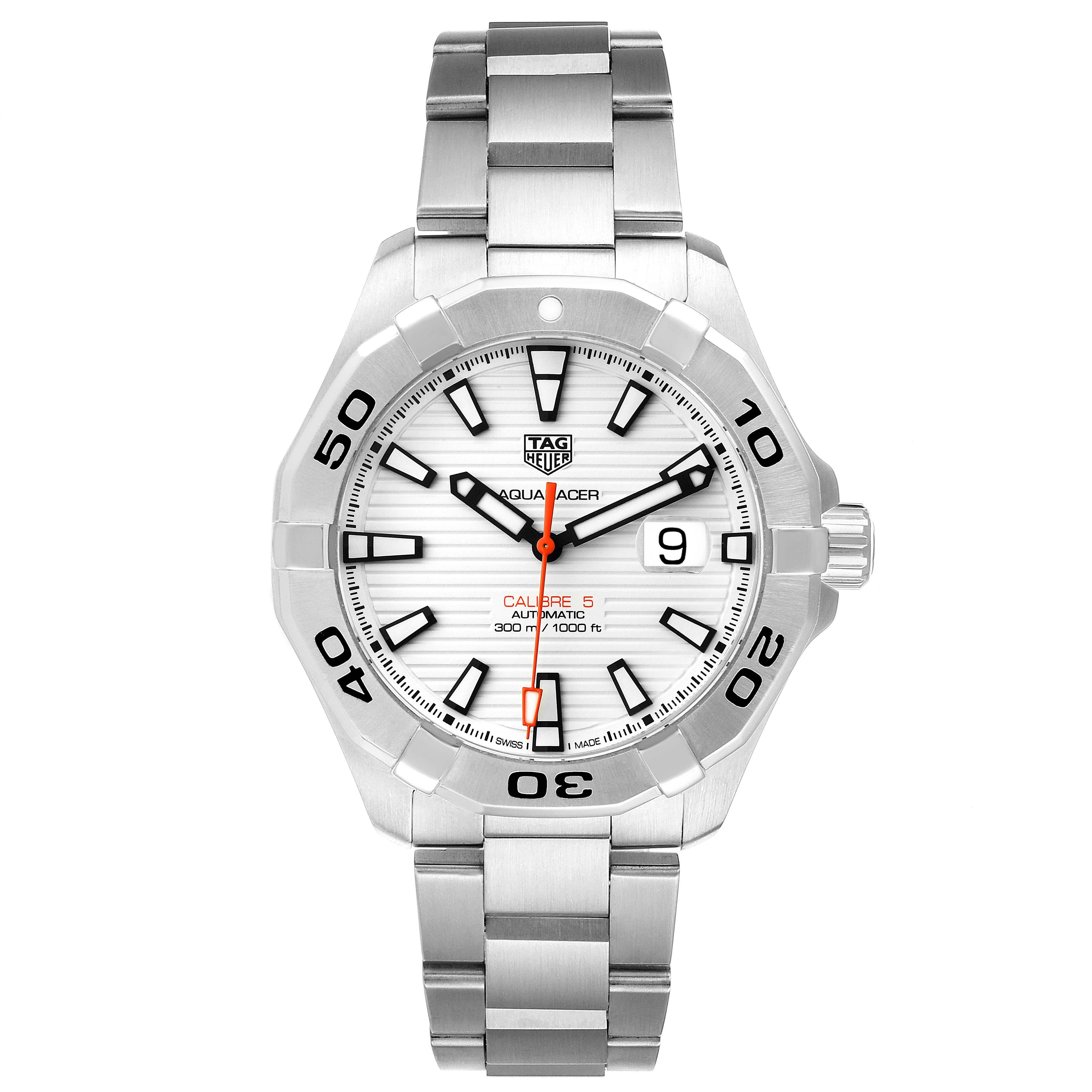 This image shows a front view of the Tag Heuer Aquaracer WAY2013.BA0927 Men's Stainless Steel White Dial WAY2013.BA0927 Men's Stainless Steel White Dial watch, displaying its face, bezel, and metal band.