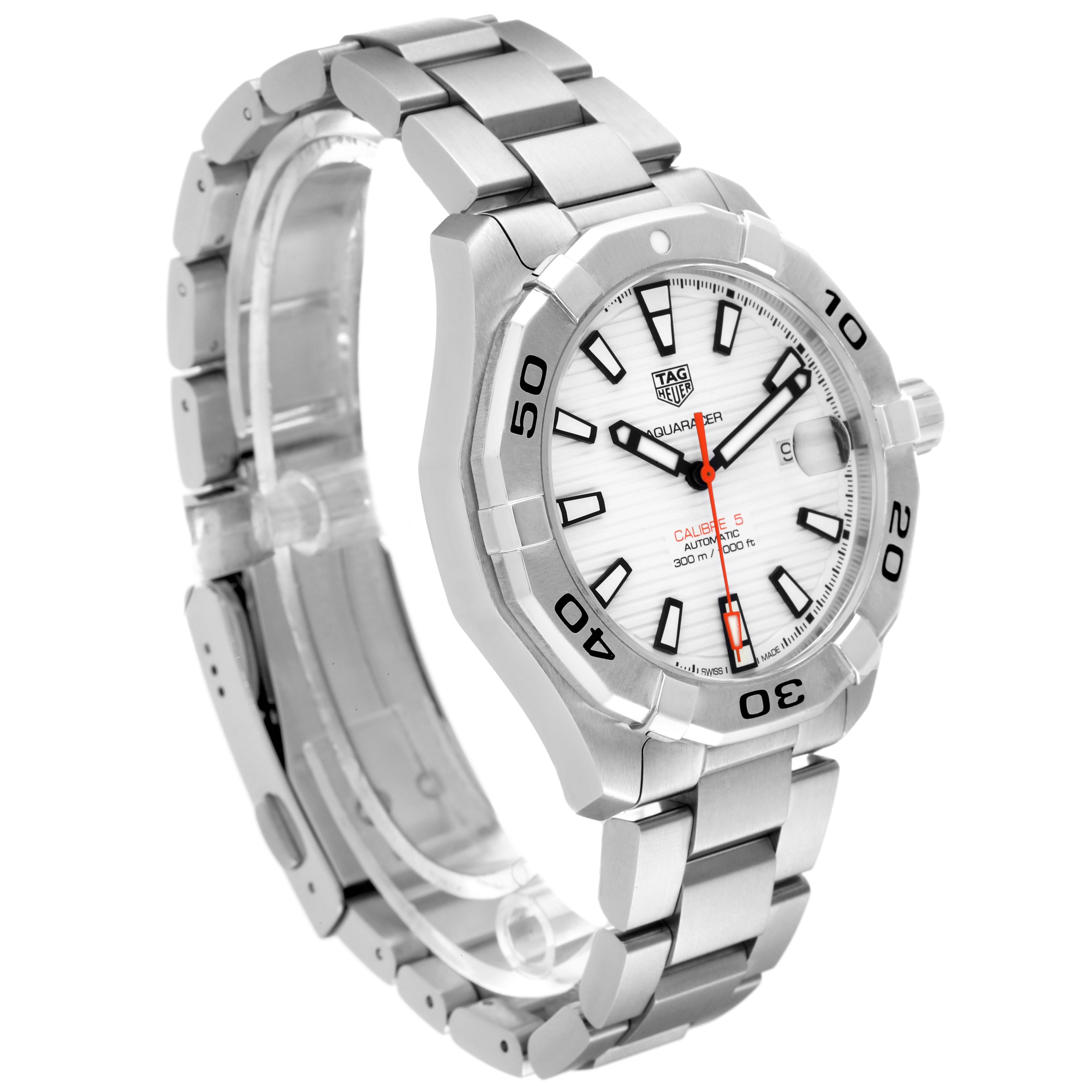The Tag Heuer Aquaracer WAY2013.BA0927 Men's Stainless Steel White Dial WAY2013.BA0927 Men's Stainless Steel White Dial watch is shown at a three-quarter angle, displaying the face, bezel, and stainless steel bracelet.