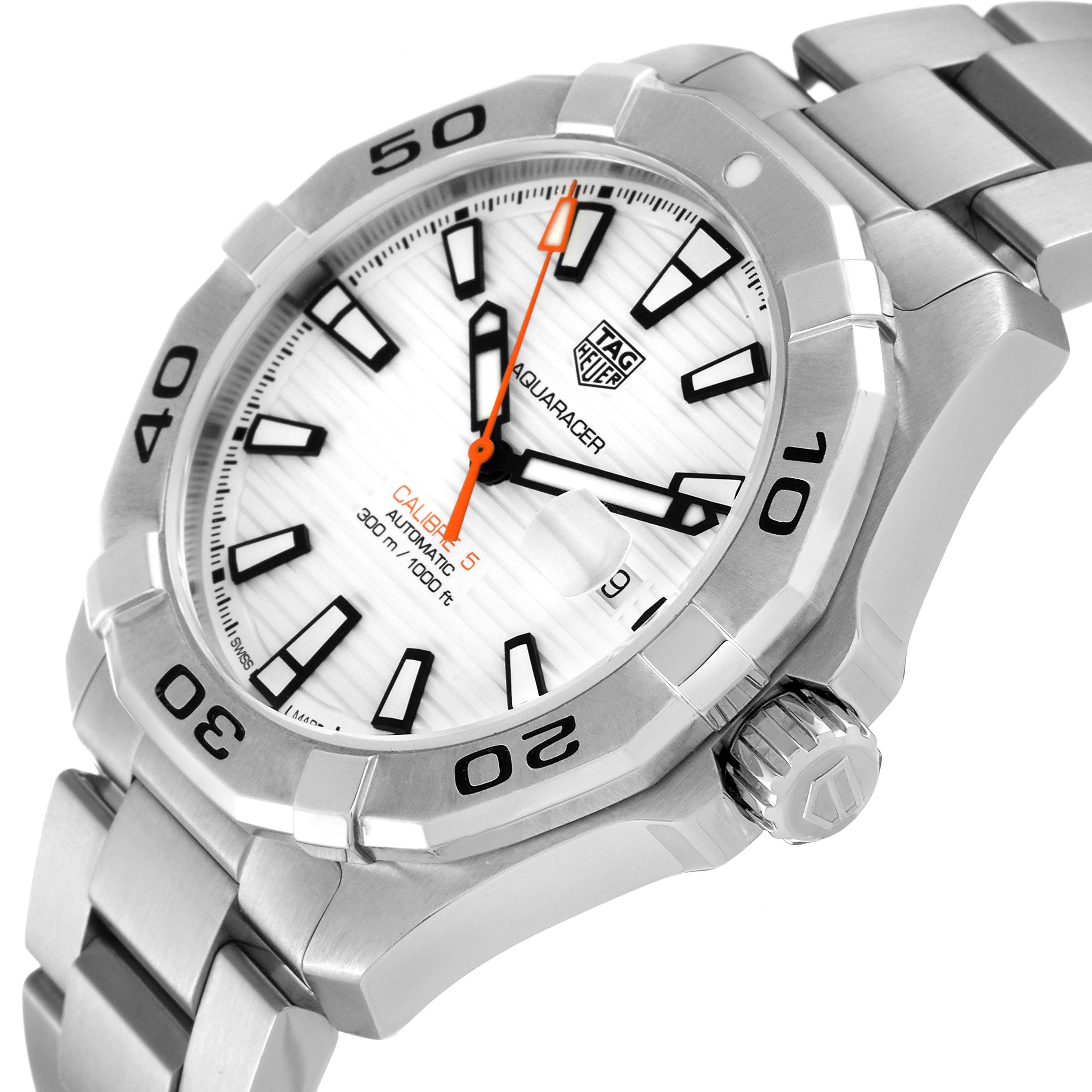 The image shows a close-up angle of a Tag Heuer Aquaracer WAY2013.BA0927 Men's Stainless Steel White Dial WAY2013.BA0927 Men's Stainless Steel White Dial watch, highlighting the dial, bezel, and bracelet.