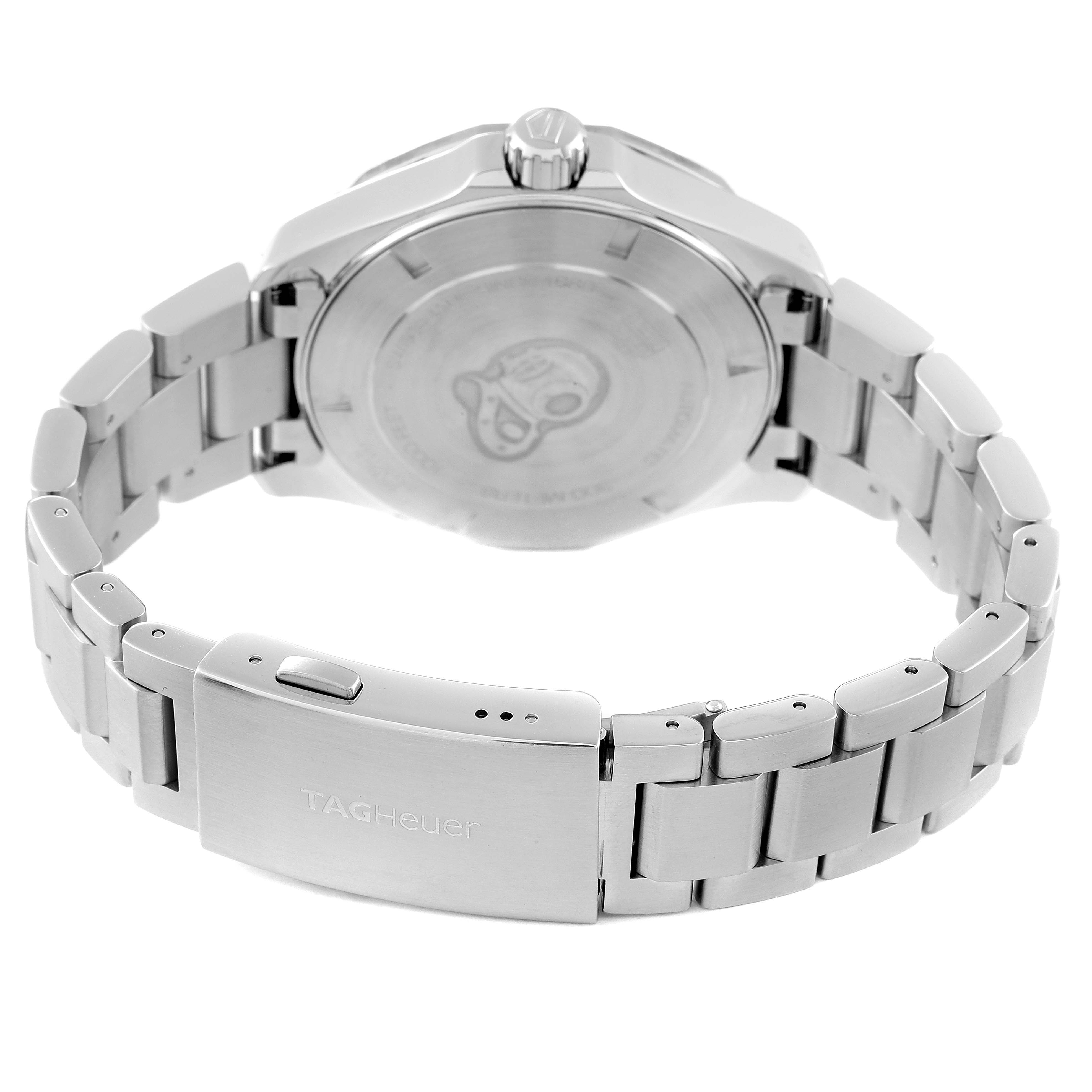 The image shows the back view of a Tag Heuer Aquaracer WAY2013.BA0927 Men's Stainless Steel White Dial WAY2013.BA0927 Men's Stainless Steel White Dial watch, highlighting the case back and stainless steel bracelet with the clasp.
