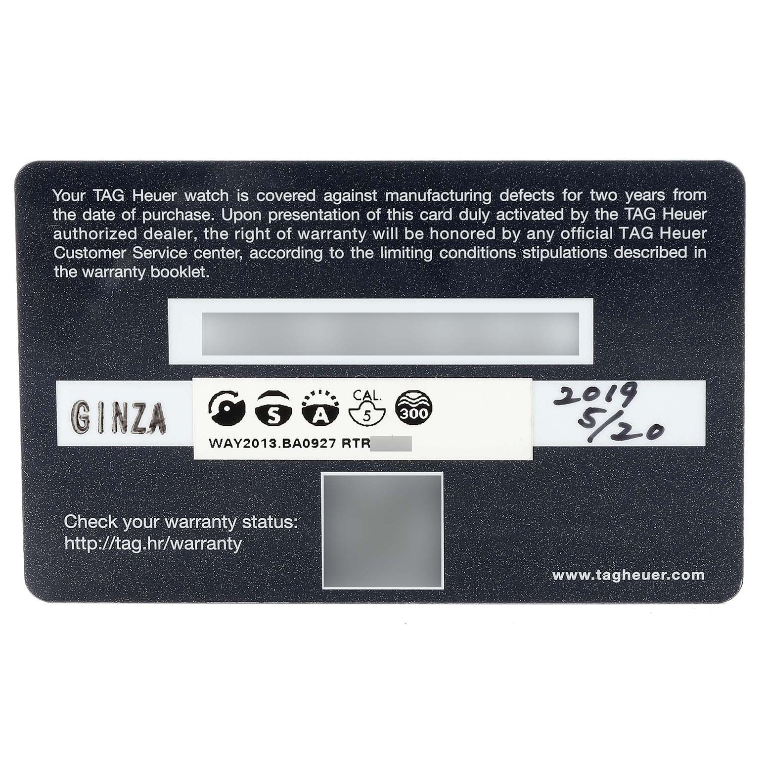 This image shows a Tag Heuer Aquaracer WAY2013.BA0927 Men's Stainless Steel White Dial WAY2013.BA0927 Men's Stainless Steel White Dial warranty card, detailing warranty coverage information and purchase date.