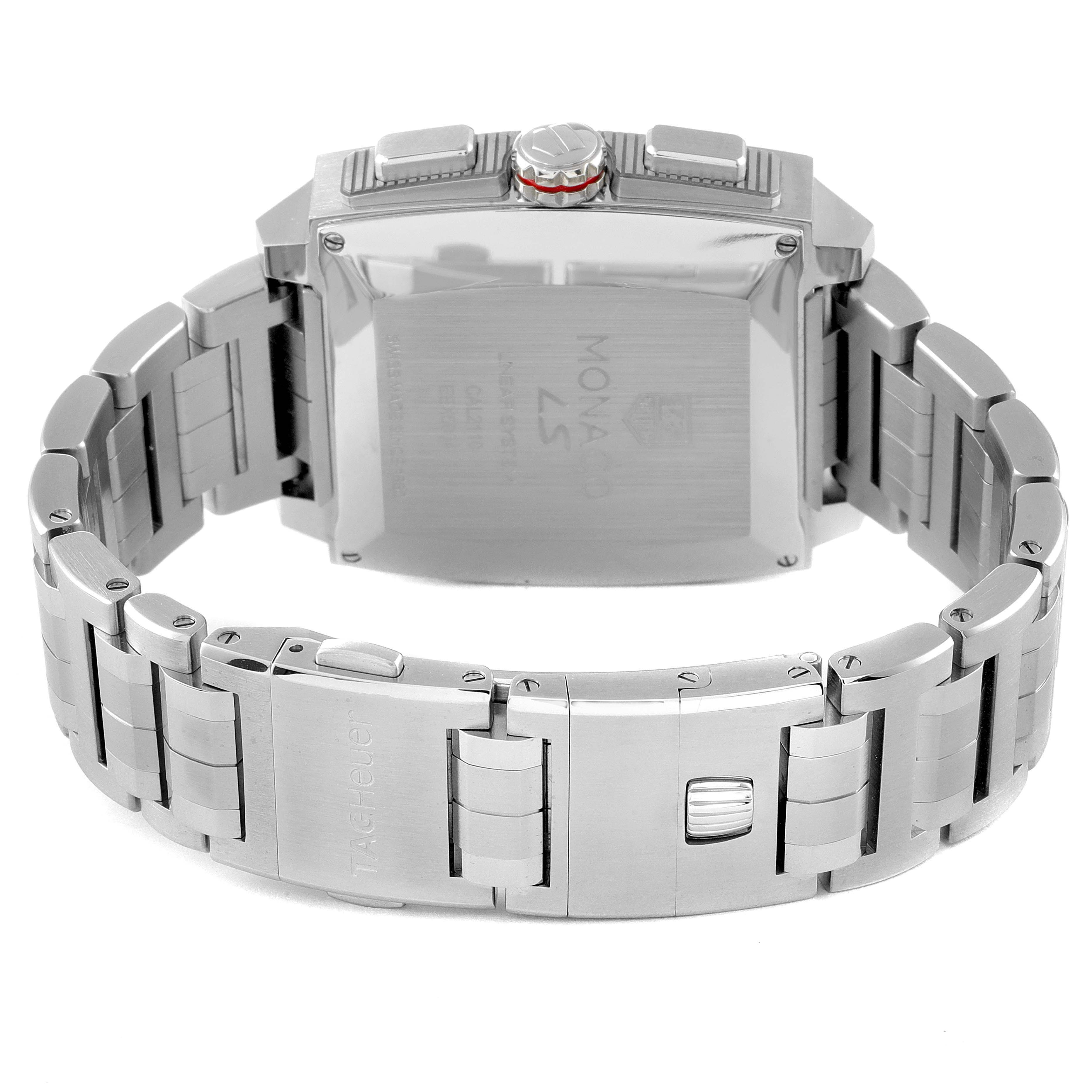 The image shows the back and clasp of the Tag Heuer Monaco CAL2110.BA0781 Men's Stainless Steel Black Dial CAL2110.BA0781 Men's Stainless Steel Black Dial model watch, focusing on its stainless steel bracelet and case.