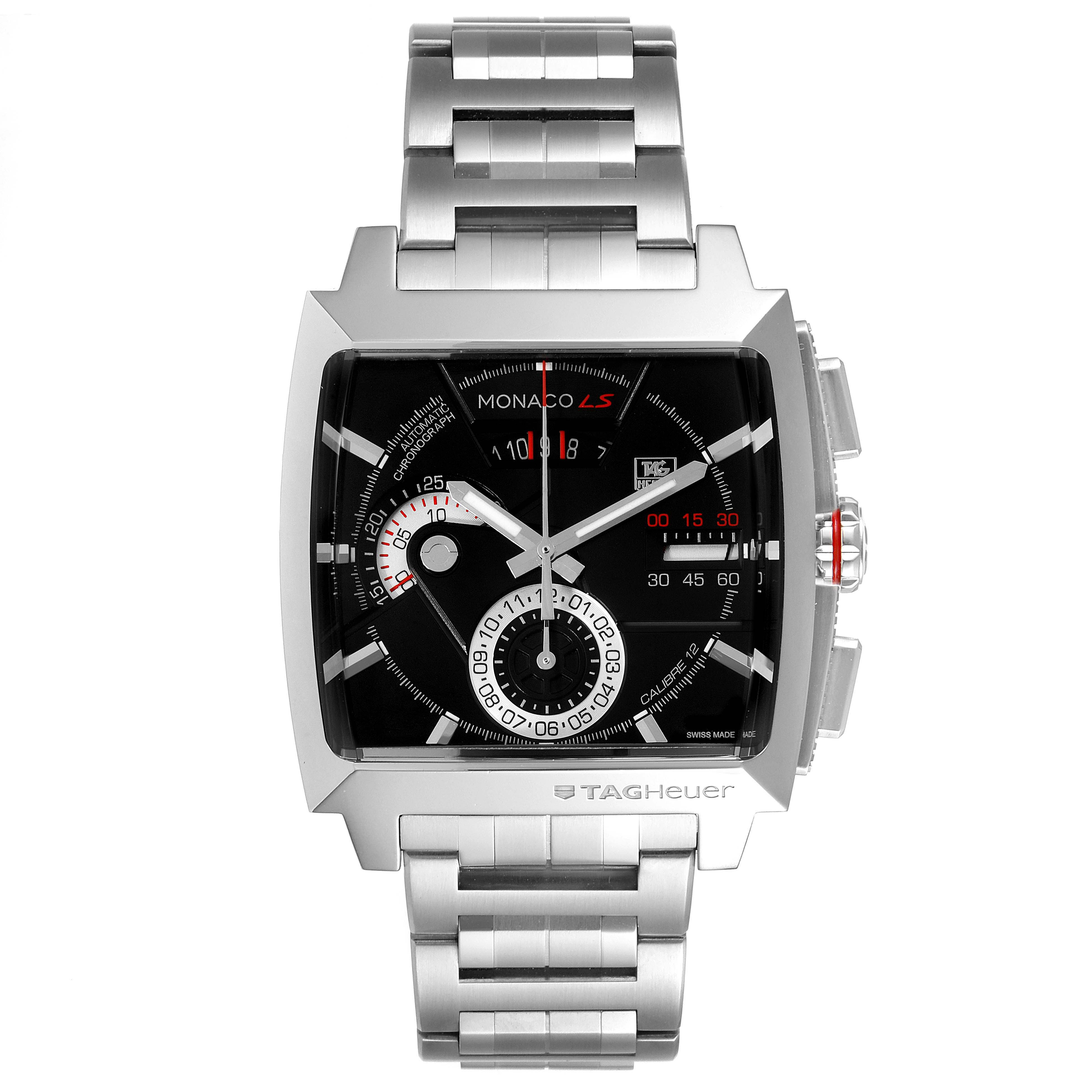 The image shows a front view of the Tag Heuer Monaco CAL2110.BA0781 Men's Stainless Steel Black Dial CAL2110.BA0781 Men's Stainless Steel Black Dial watch, highlighting its square face, black dial, and stainless steel bracelet.