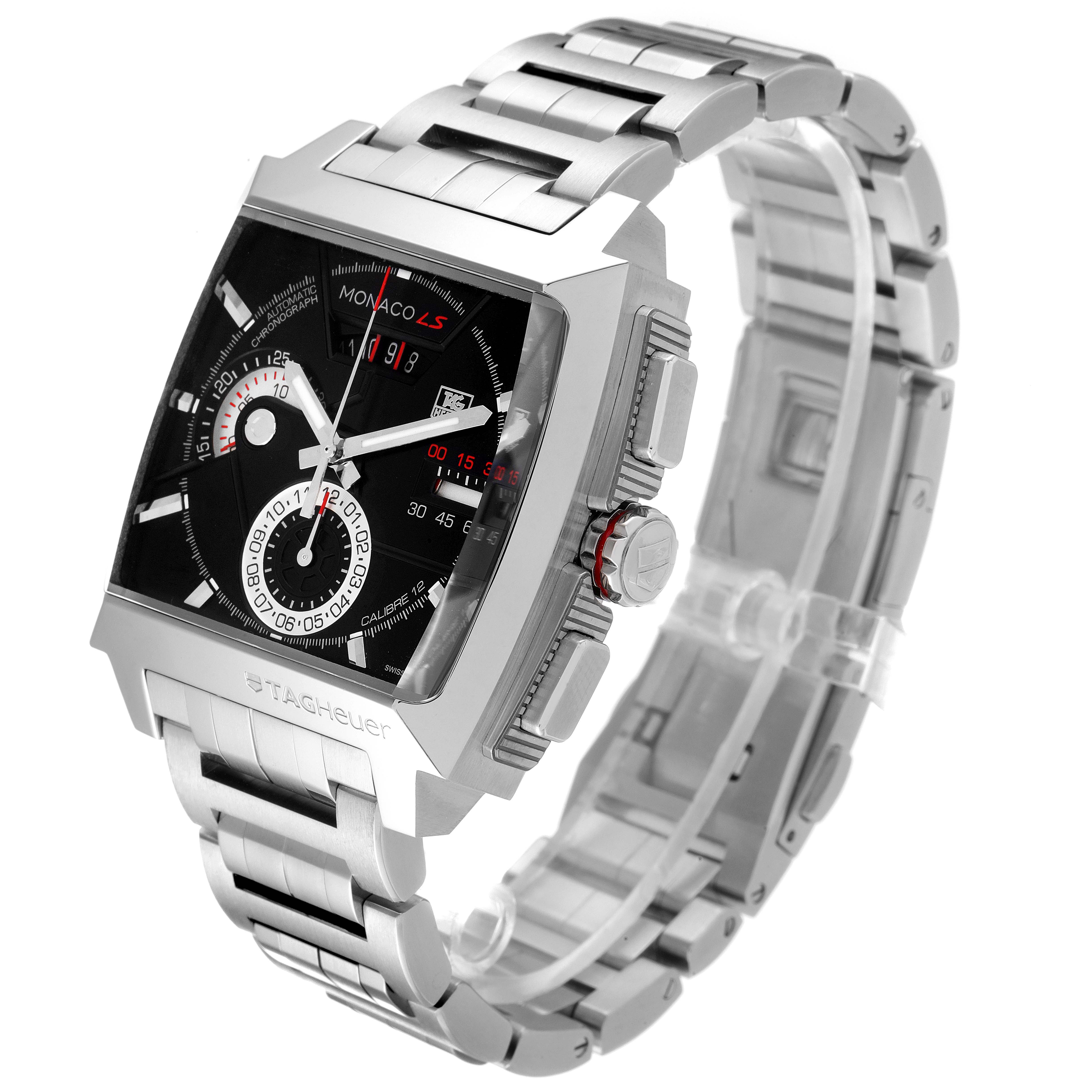 This Tag Heuer Monaco CAL2110.BA0781 Men's Stainless Steel Black Dial CAL2110.BA0781 Men's Stainless Steel Black Dial watch is shown from a three-quarter angle, including the face, dial, crown, and metal bracelet.