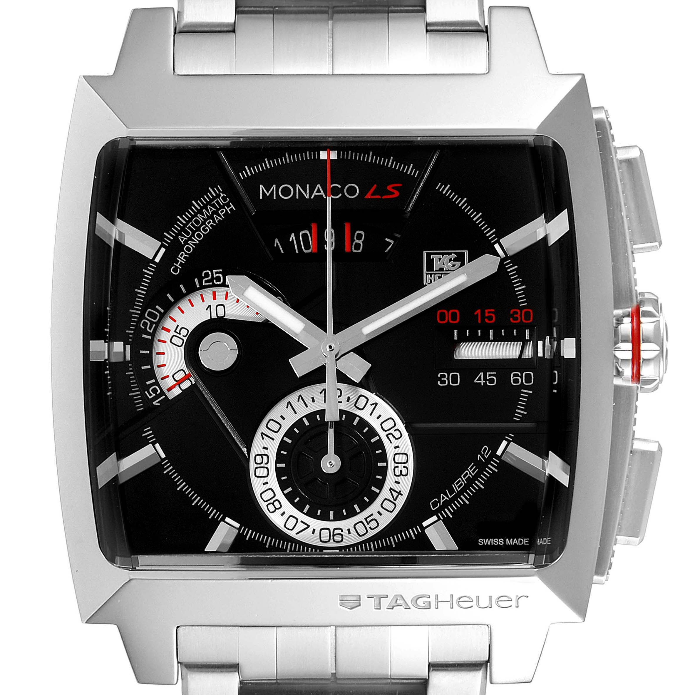 The image shows a front view of a Tag Heuer Monaco CAL2110.BA0781 Men's Stainless Steel Black Dial CAL2110.BA0781 Men's Stainless Steel Black Dial watch, highlighting the square face, dial, hands, and steel bracelet.