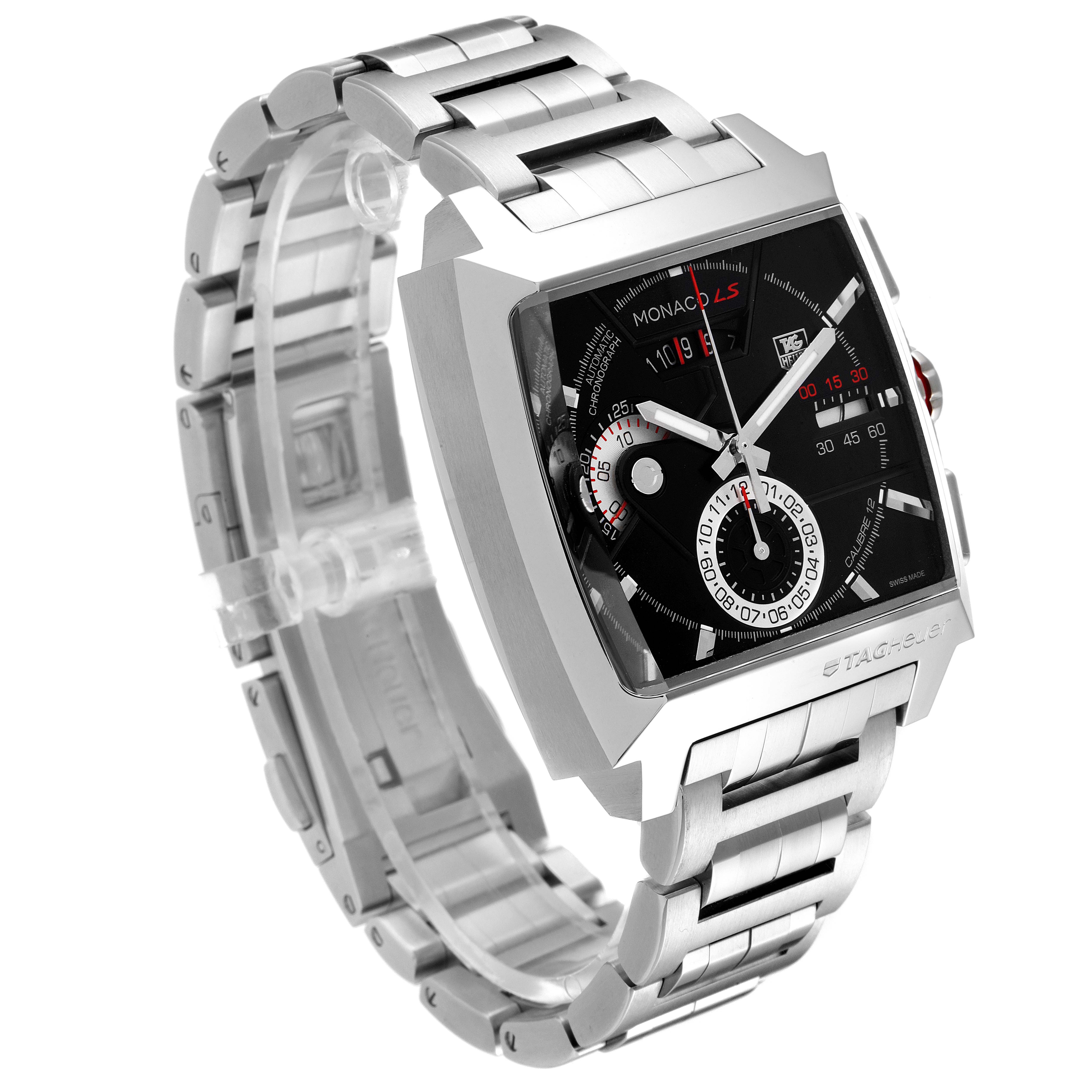 The image shows a side angle of the Tag Heuer Monaco CAL2110.BA0781 Men's Stainless Steel Black Dial CAL2110.BA0781 Men's Stainless Steel Black Dial watch, highlighting the face, bezel, and metal bracelet.