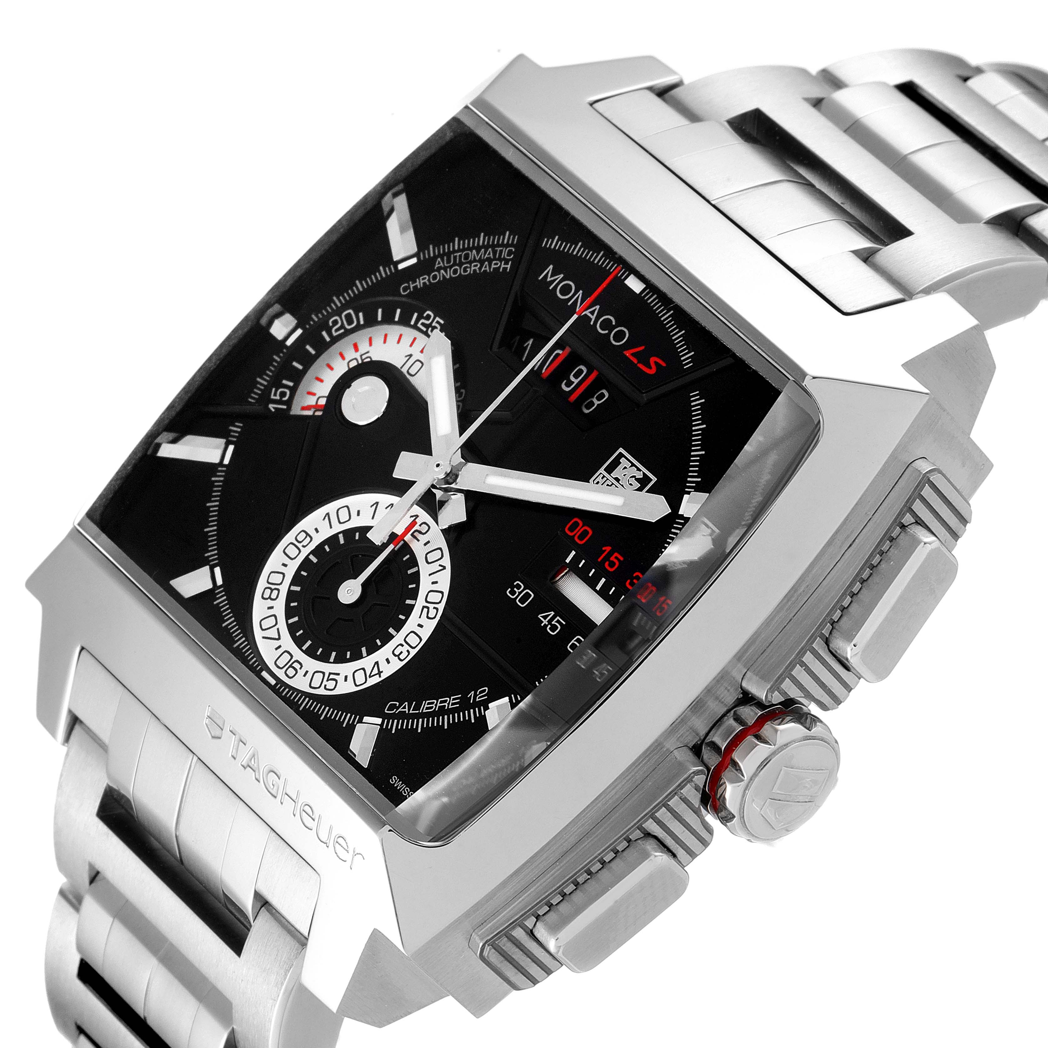 The image shows a Tag Heuer Monaco CAL2110.BA0781 Men's Stainless Steel Black Dial CAL2110.BA0781 Men's Stainless Steel Black Dial model watch at a slight angle, highlighting the face, dial, pushers, and metallic strap.