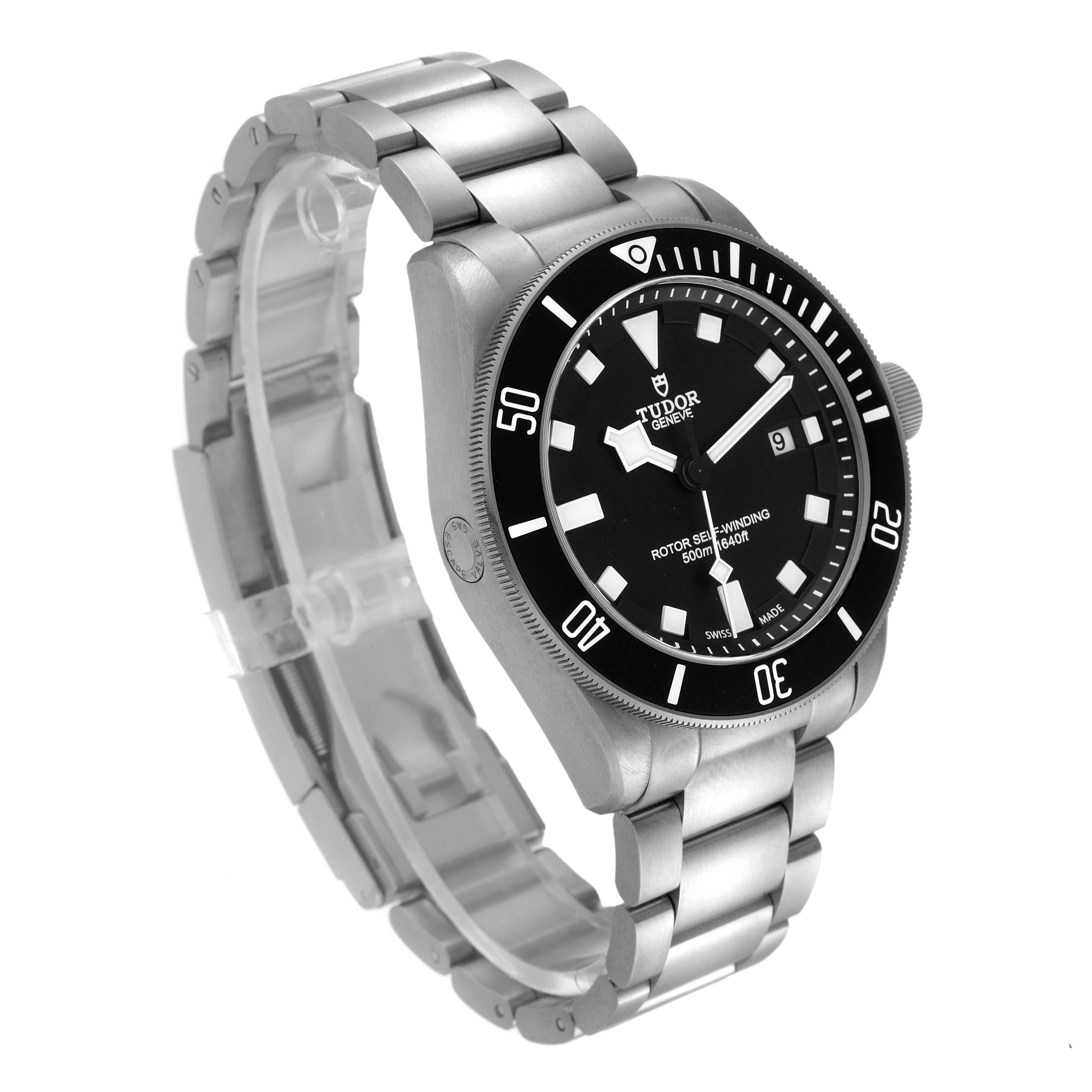 The image shows a Tudor Pelagos 25500TN Men's Titanium Black Dial 25500TN Men's Titanium Black Dial watch at a three-quarter angle, displaying its face, bezel, and bracelet.