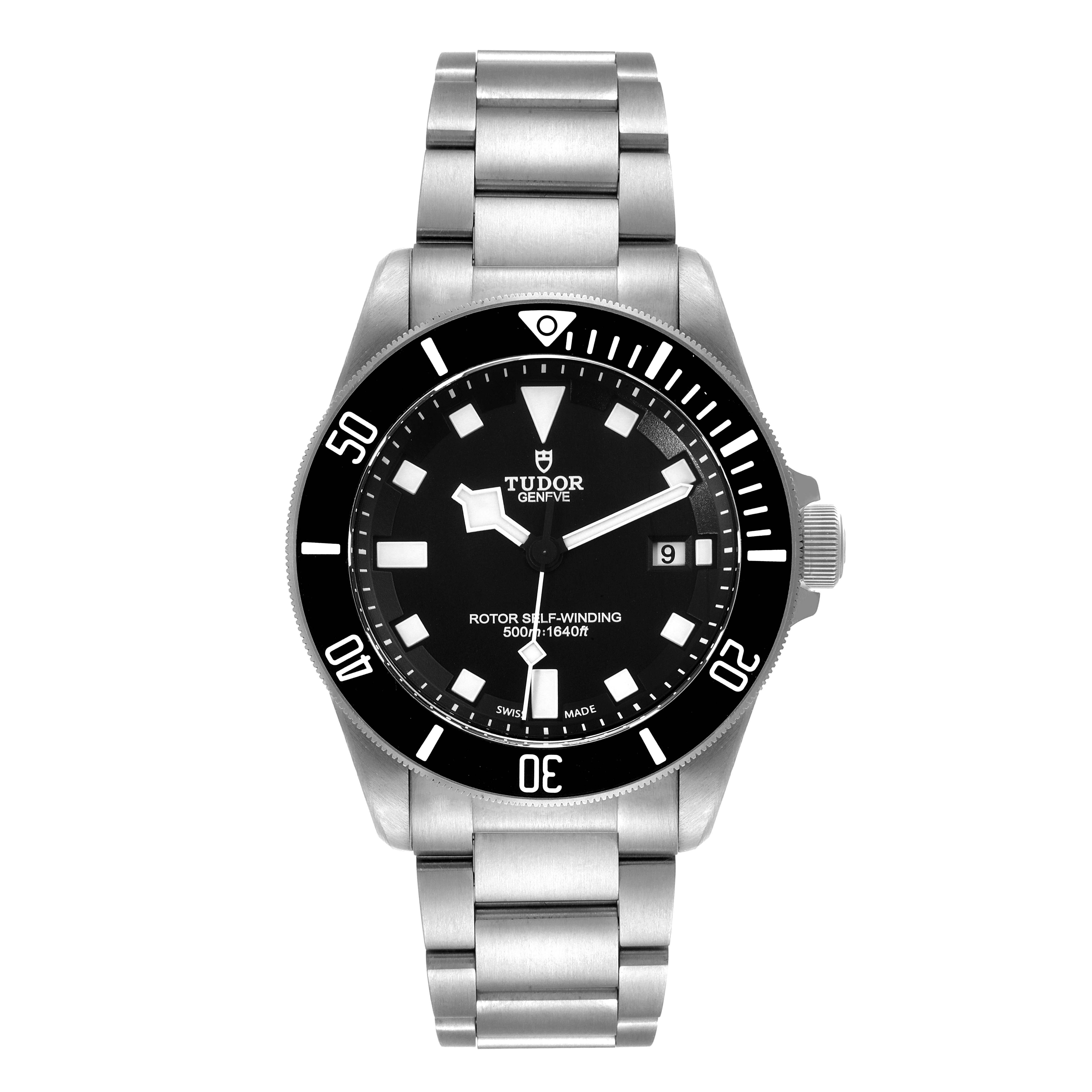 The Tudor Pelagos 25500TN Men's Titanium Black Dial 25500TN Men's Titanium Black Dial watch is shown from a front-facing angle, displaying its face, bezel, dial, and stainless steel strap.
