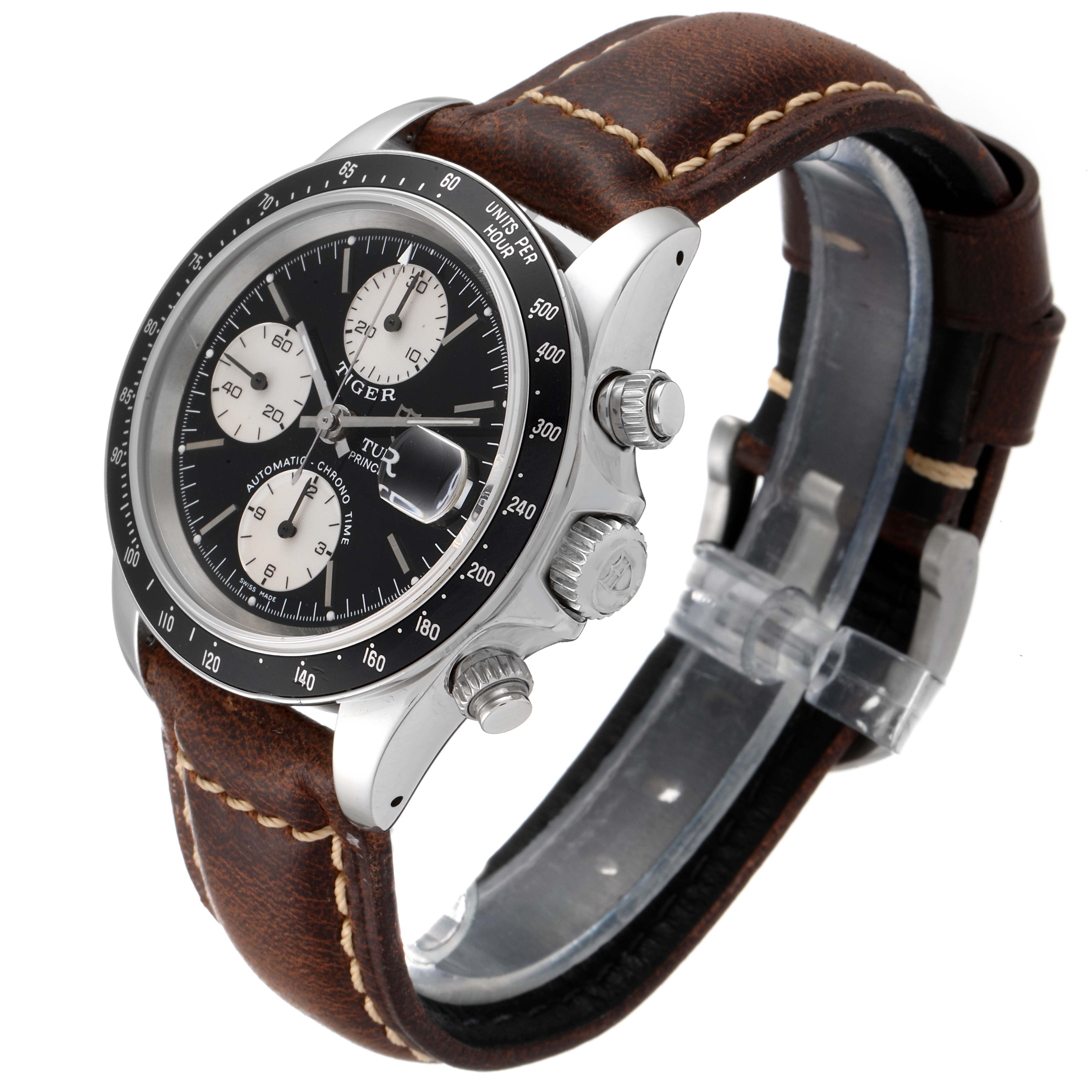 The image shows a Tudor Tiger 79260 Men's Stainless Steel Black Dial 79260 Men's Stainless Steel Black Dial model watch at an angled side view, highlighting its face, bezel, pushers, crown, and leather strap.