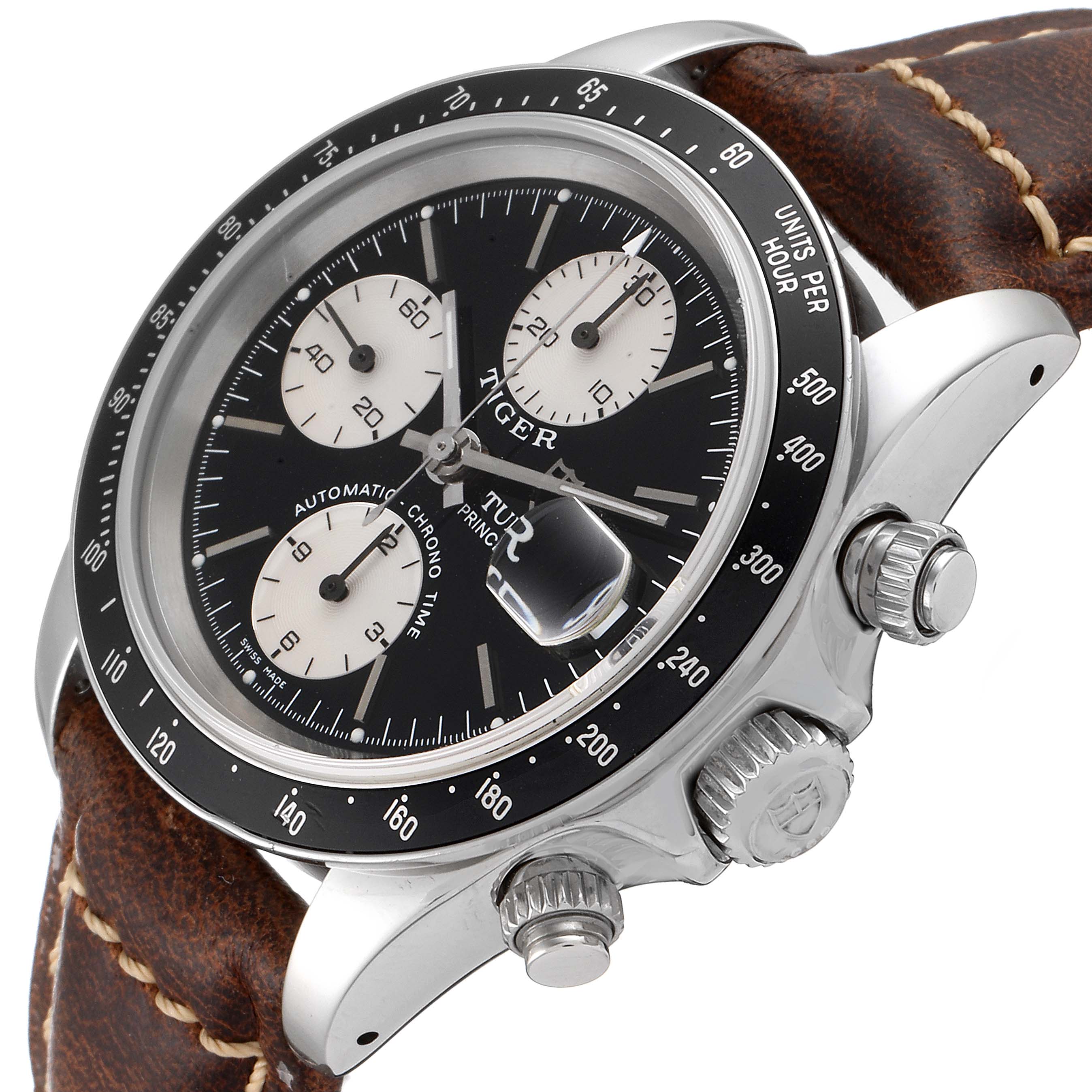 The Tudor Tiger 79260 Men's Stainless Steel Black Dial 79260 Men's Stainless Steel Black Dial model watch is shown at a slight angle, highlighting its dial, bezel, pushers, and crown on a brown leather strap.