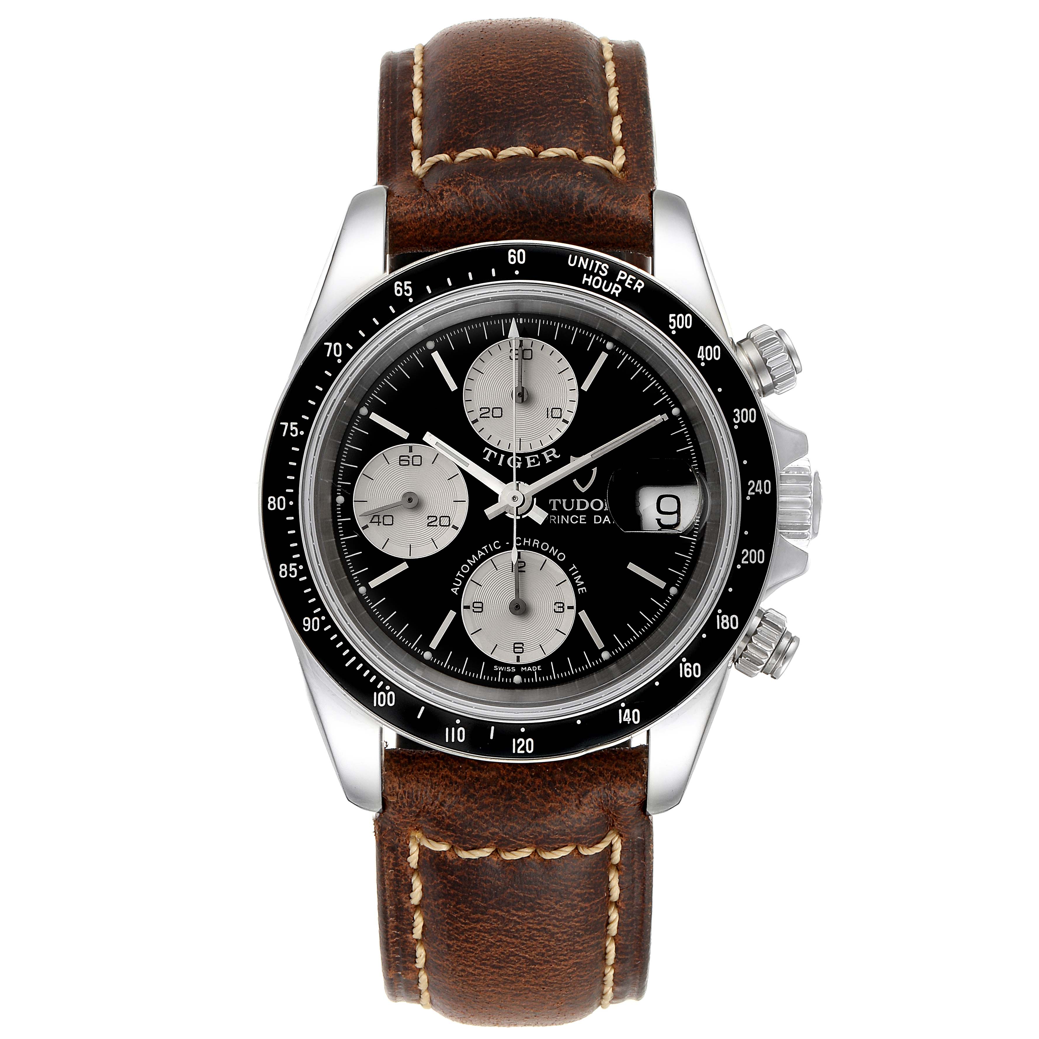 The image shows a front view of the Tudor Tiger 79260 Men's Stainless Steel Black Dial 79260 Men's Stainless Steel Black Dial model watch, displaying its face, bezel, crown, and brown leather strap.
