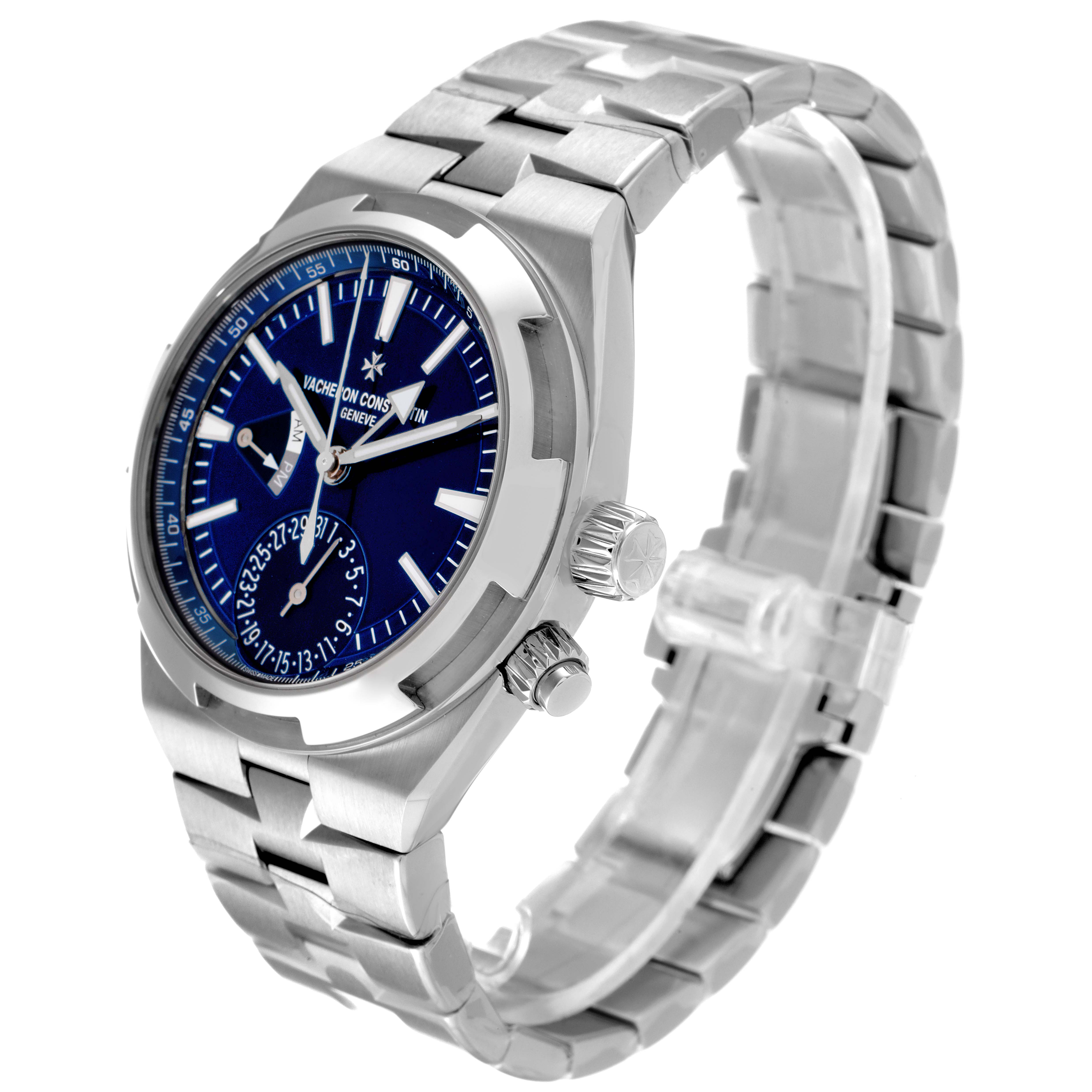 The Vacheron Constantin Overseas 7900V/110A-B334 Men
s Stainless Steel Blue Dial 7900V/110A-B334 Men
s Stainless Steel Blue Dial watch is shown from an angled perspective, highlighting the dial, case, and bracelet.