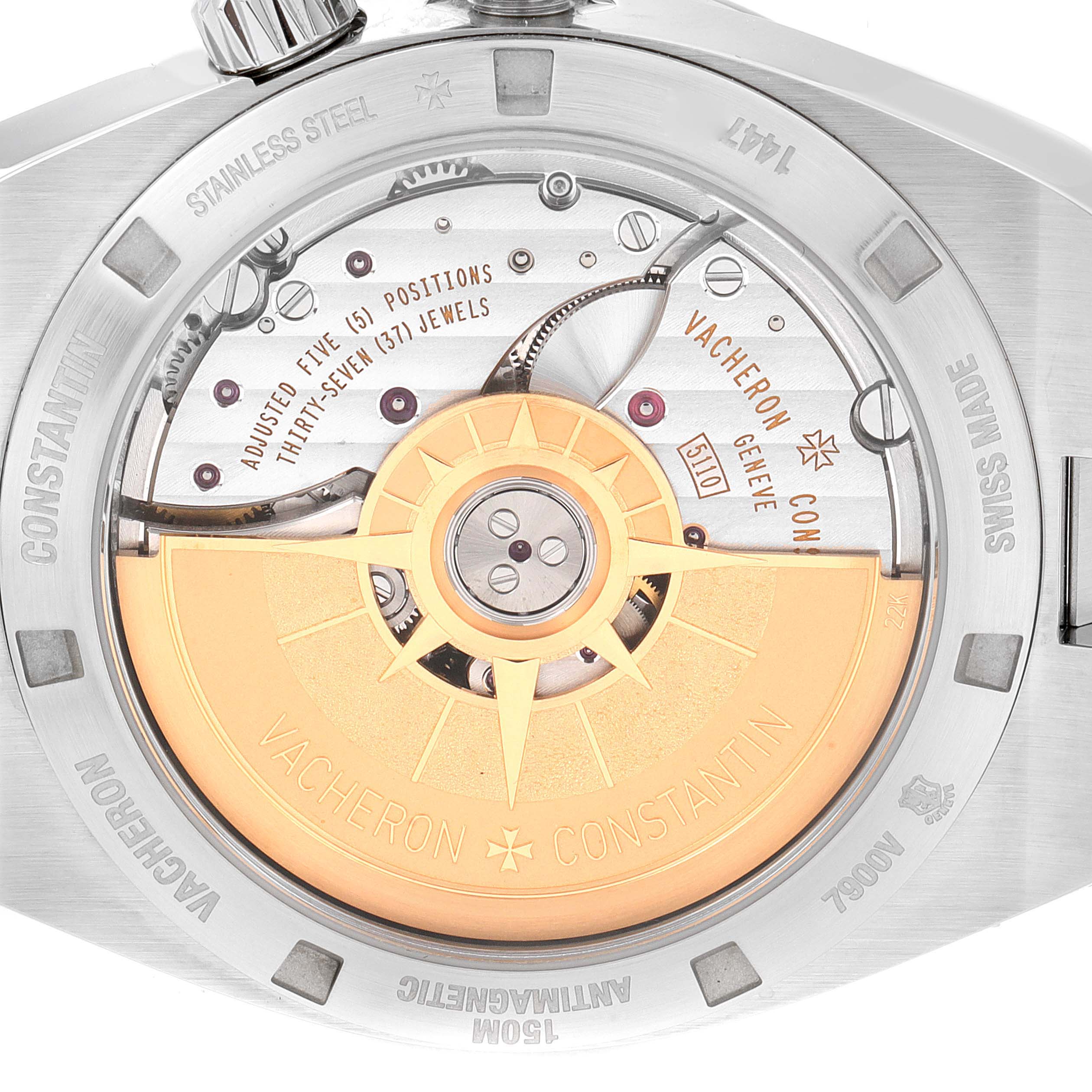 This image shows the back case of the Vacheron Constantin Overseas 7900V/110A-B334 Men
s Stainless Steel Blue Dial 7900V/110A-B334 Men
s Stainless Steel Blue Dial watch, highlighting its automatic movement and rotor.