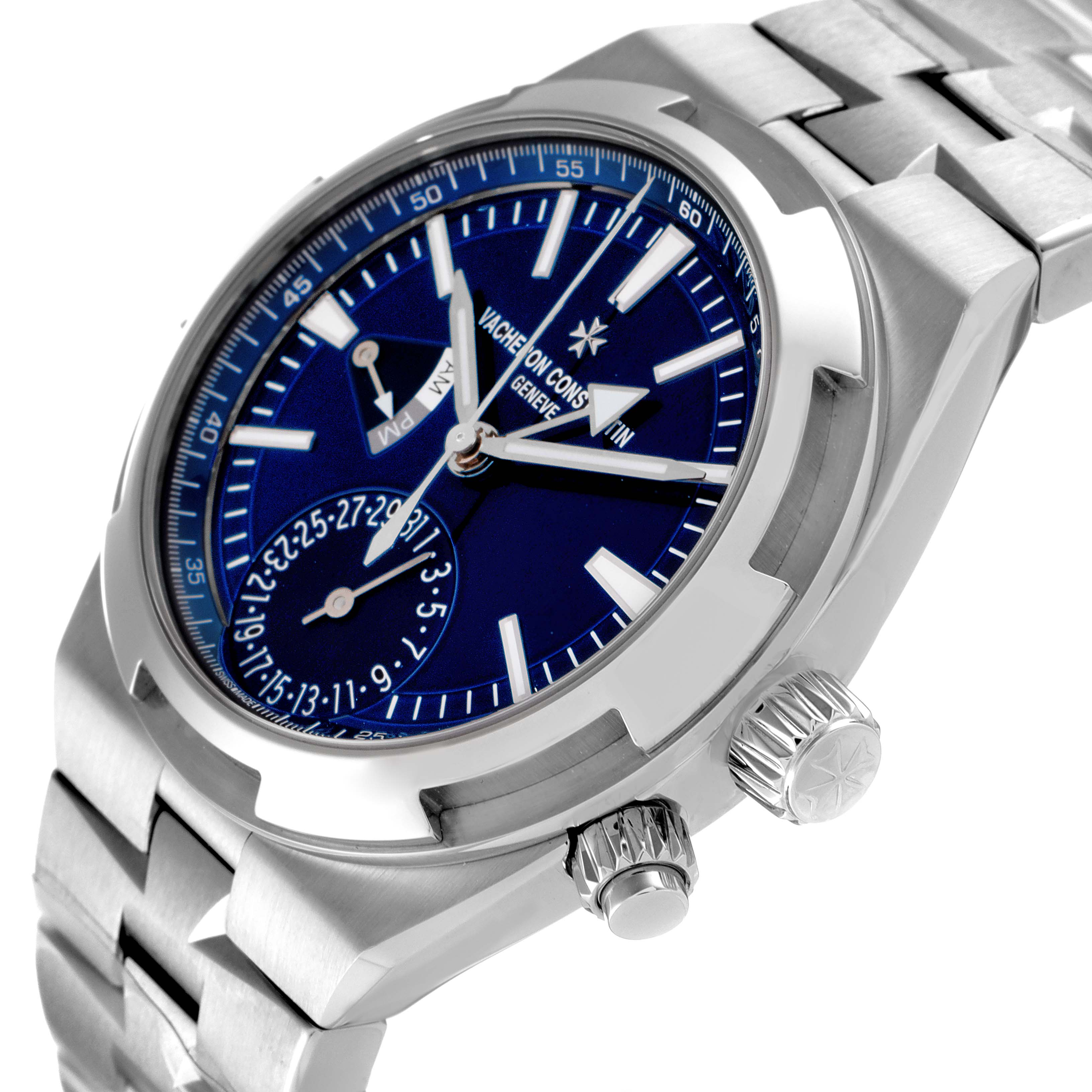 This image shows a close-up, angled view of a Vacheron Constantin Overseas 7900V/110A-B334 Men
s Stainless Steel Blue Dial 7900V/110A-B334 Men
s Stainless Steel Blue Dial model watch, focusing on the dial, crown, and part of the bracelet.