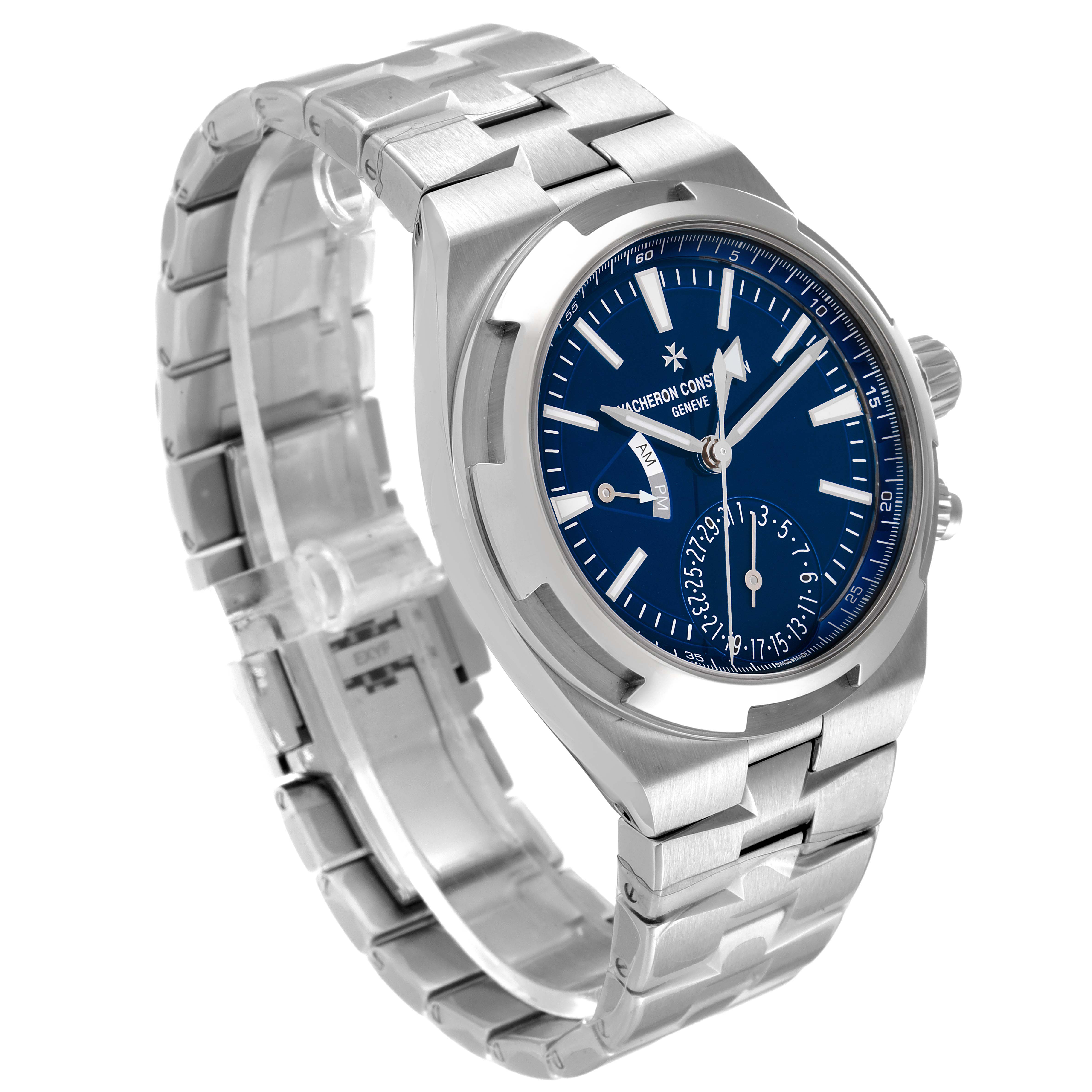 The Vacheron Constantin Overseas 7900V/110A-B334 Men
s Stainless Steel Blue Dial 7900V/110A-B334 Men
s Stainless Steel Blue Dial watch is shown from a three-quarter angle, highlighting its face, crown, and metal bracelet.