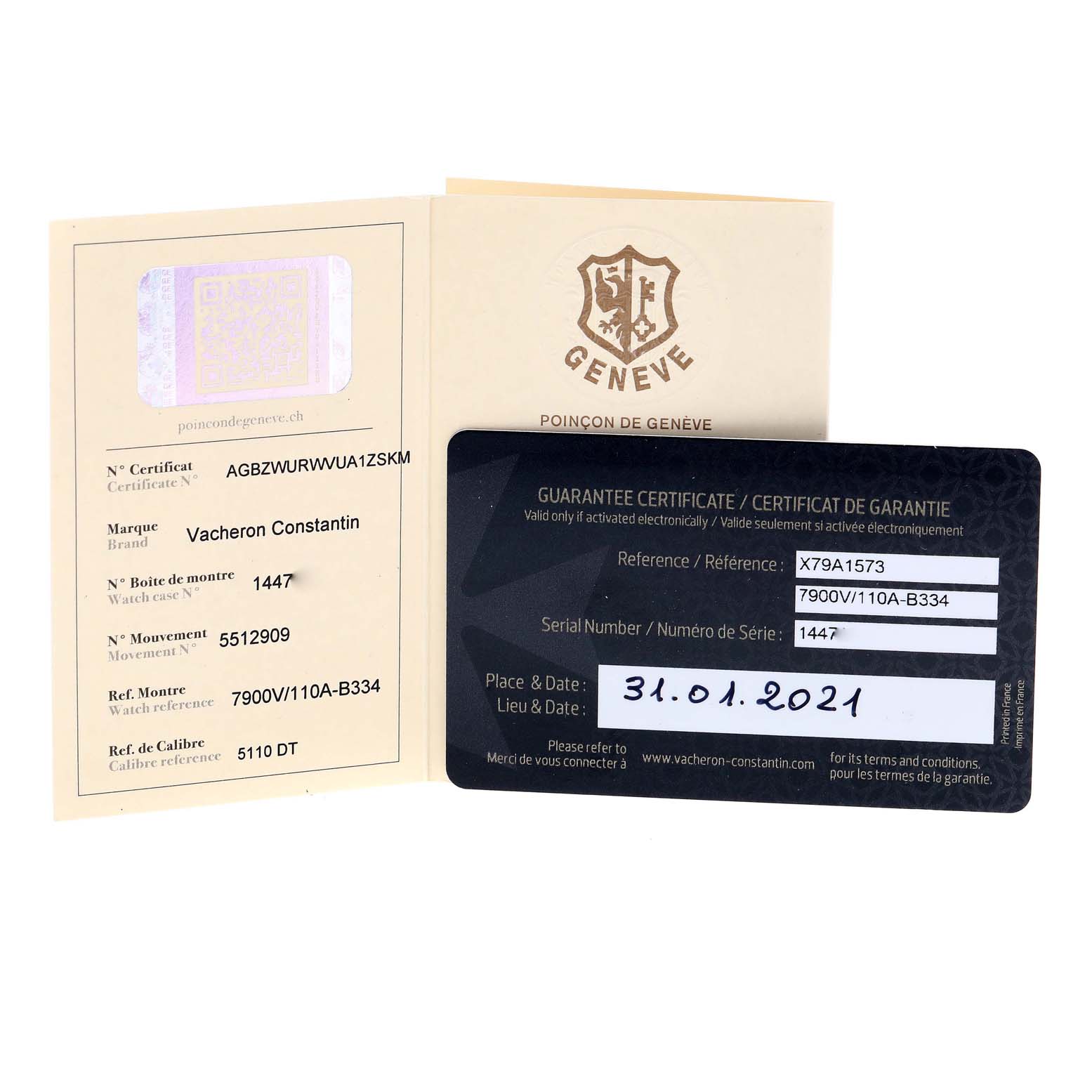 The image shows a guarantee certificate and paperwork for the Overseas model by Vacheron Constantin.