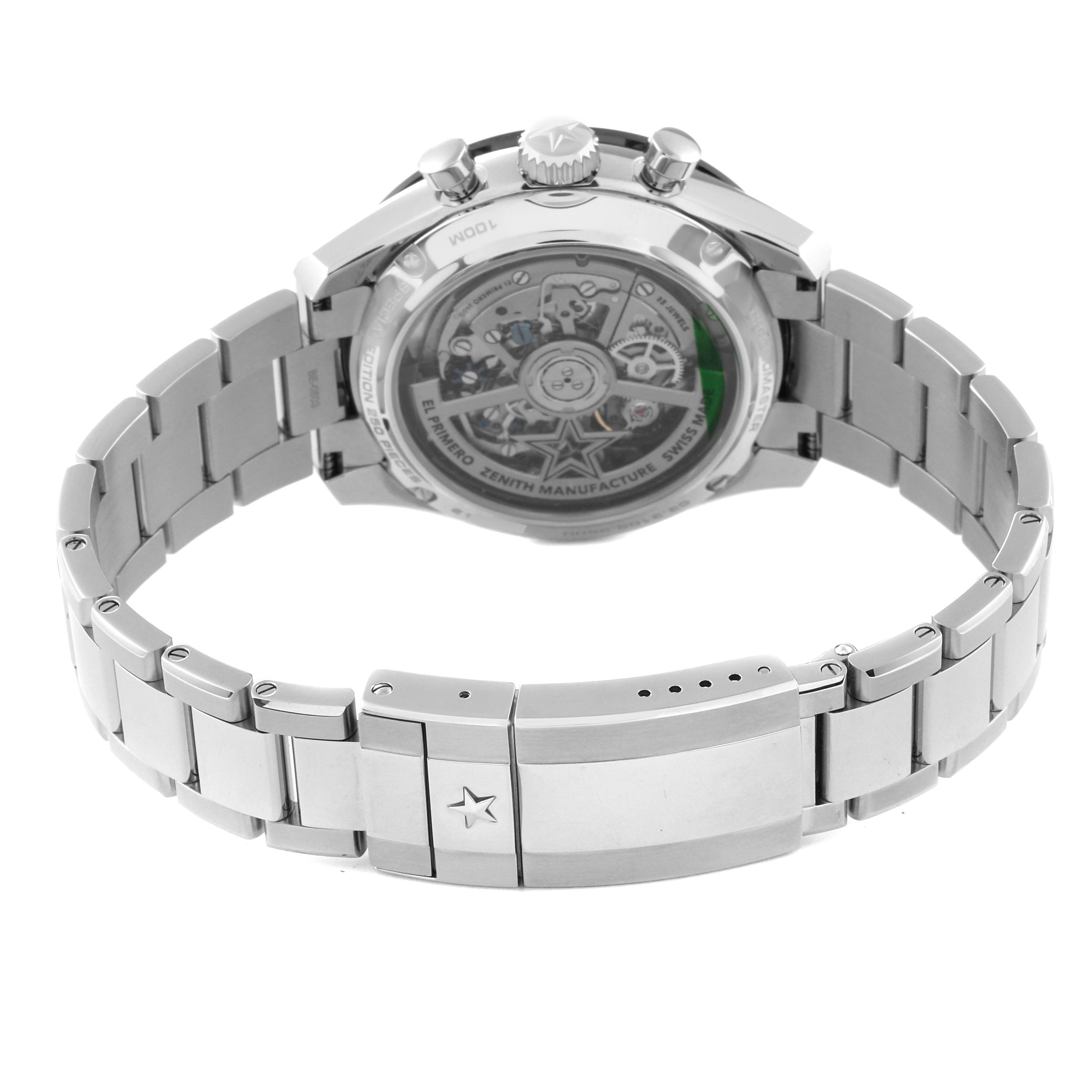 This image shows the back view of the Zenith Chronomaster 03.3105.3600 Men's Stainless Steel Blue Dial 03.3105.3600 Men's Stainless Steel Blue Dial watch, highlighting its movement and stainless steel bracelet.