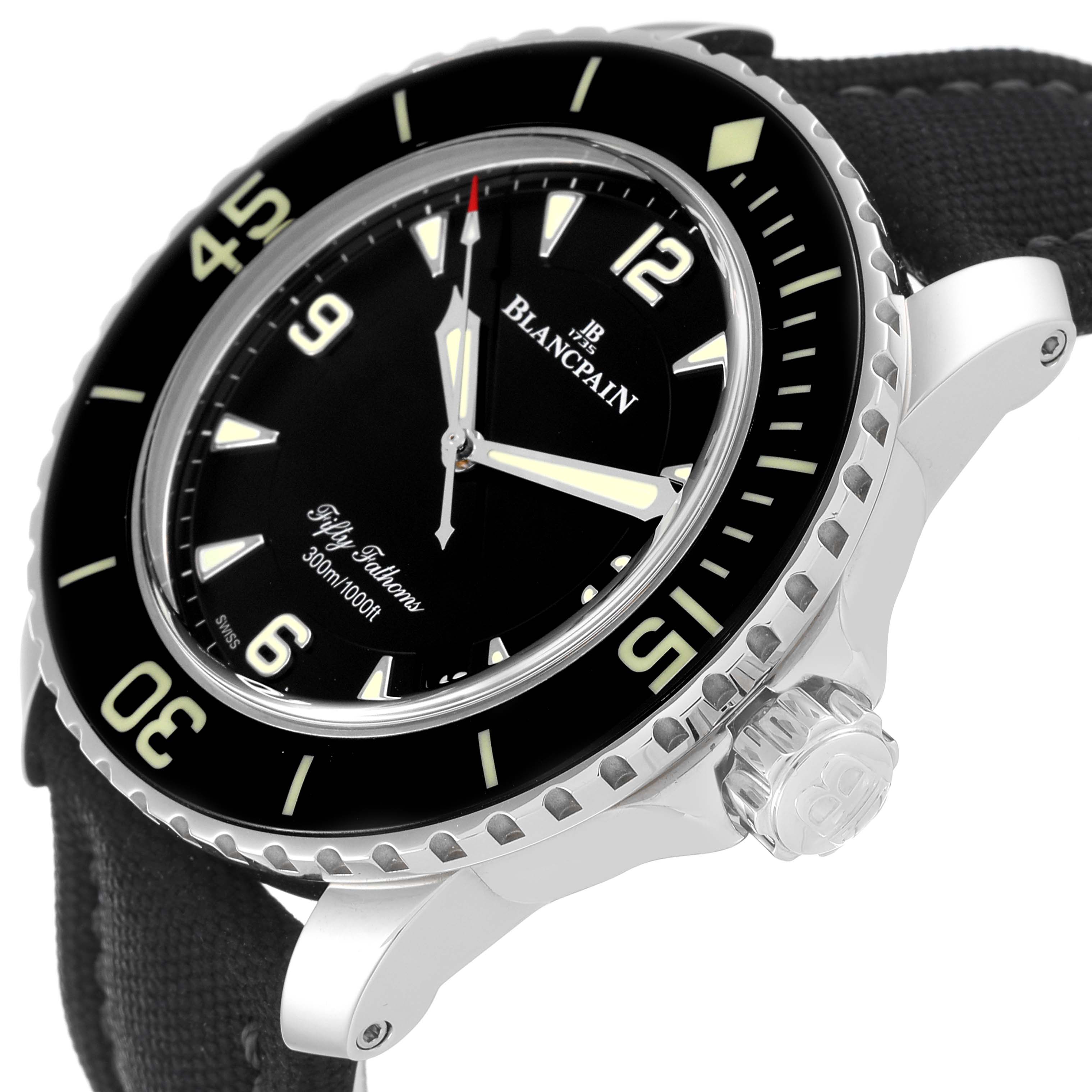 The Blancpain Fifty Fathoms 5015-1130-52A Men's Stainless Steel Black Dial 5015-1130-52A Men's Stainless Steel Black Dial watch is shown at an angled close-up, highlighting the bezel, dial, crown, and part of the strap.