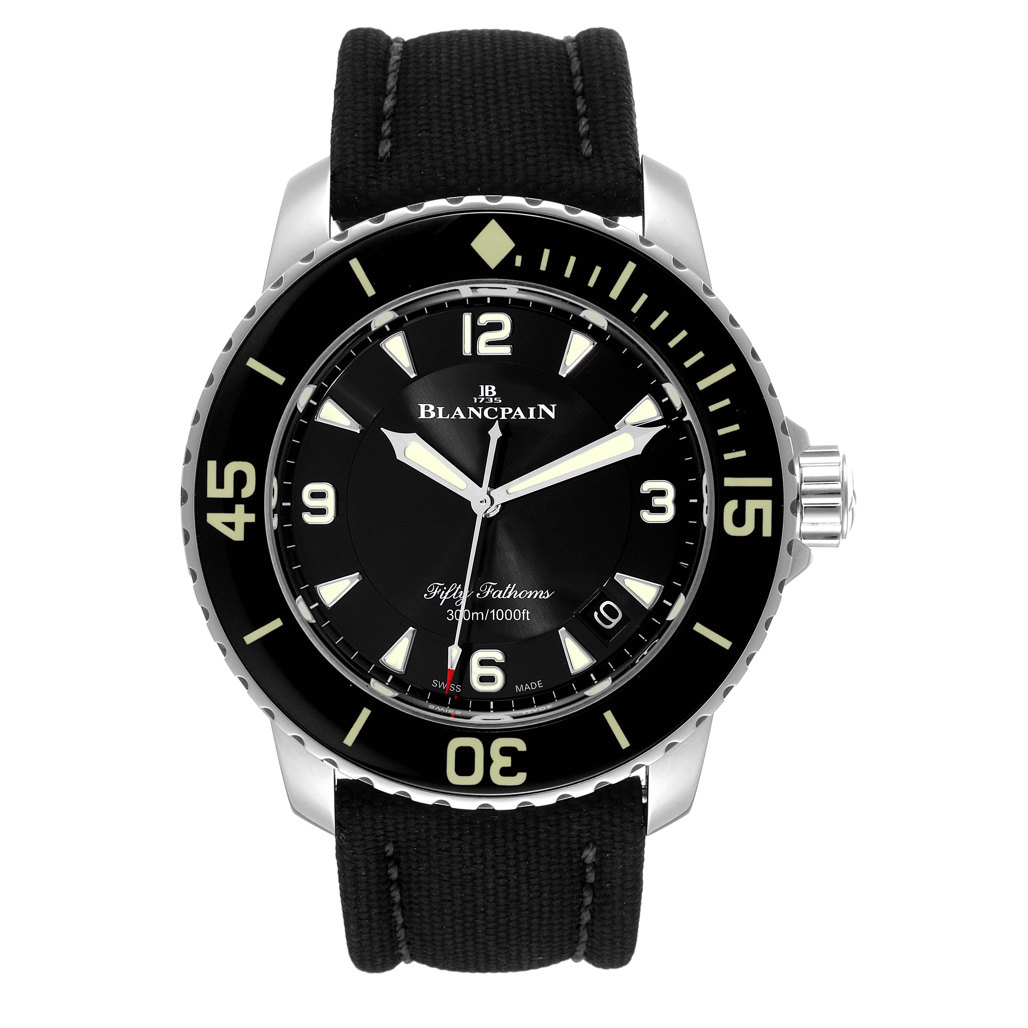The image shows a front view of the Blancpain Fifty Fathoms 5015-1130-52A Men's Stainless Steel Black Dial 5015-1130-52A Men's Stainless Steel Black Dial watch, highlighting its dial, bezel, and strap.
