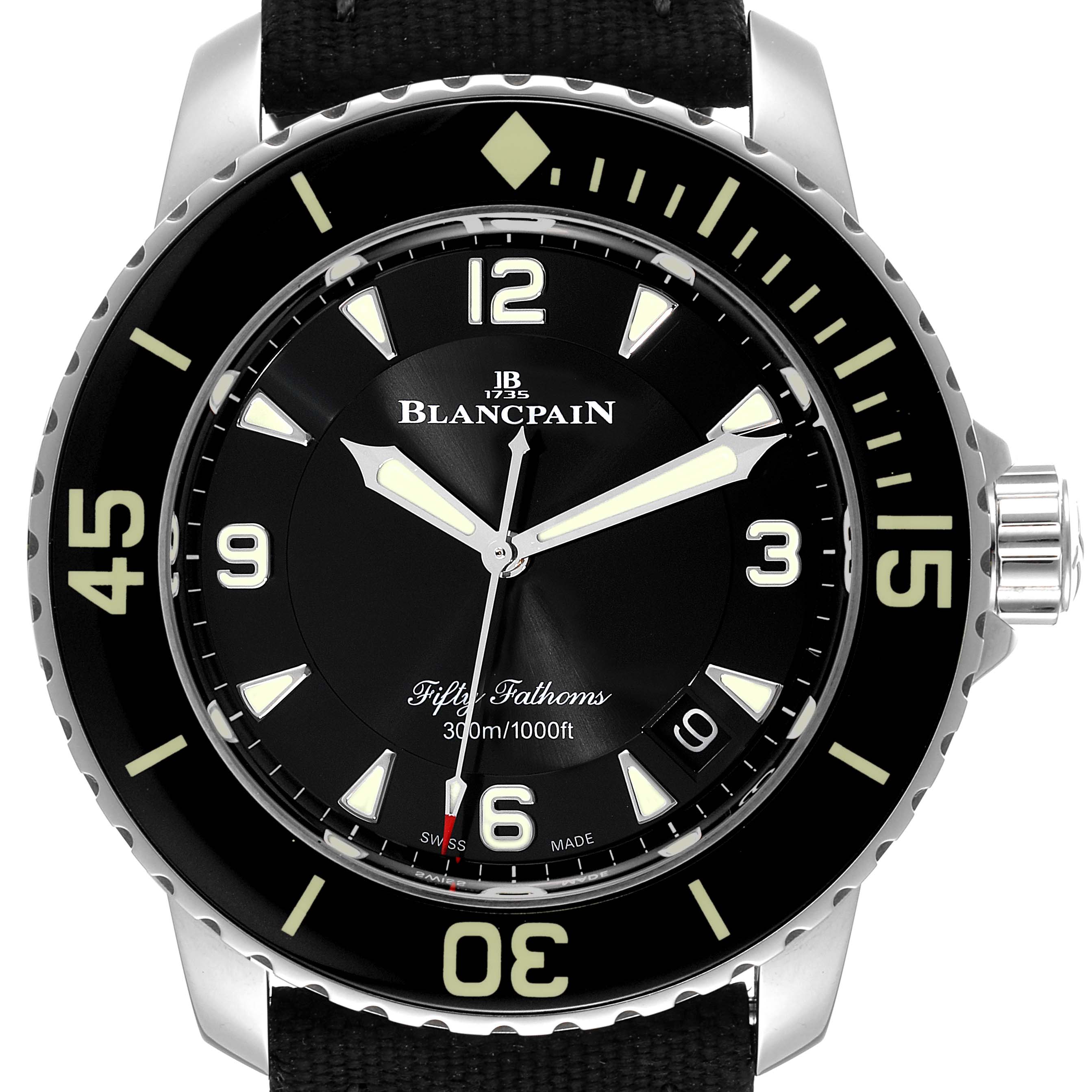 This image shows a frontal view of the Blancpain Fifty Fathoms 5015-1130-52A Men's Stainless Steel Black Dial 5015-1130-52A Men's Stainless Steel Black Dial watch, including the dial, bezel, hands, and crown.