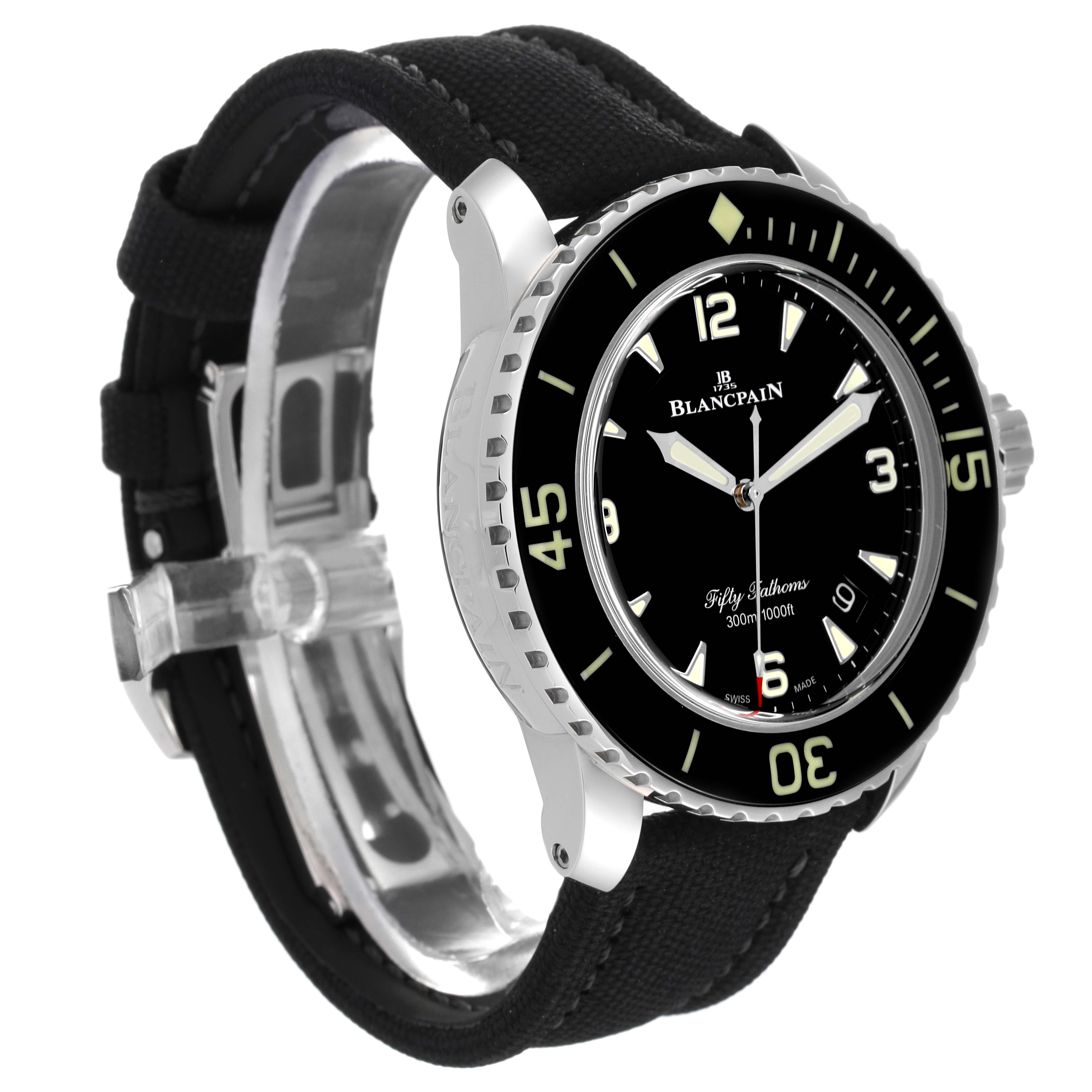 The image shows a side view and partial front view of the Blancpain Fifty Fathoms 5015-1130-52A Men's Stainless Steel Black Dial 5015-1130-52A Men's Stainless Steel Black Dial watch, focusing on the bezel, dial, and strap.