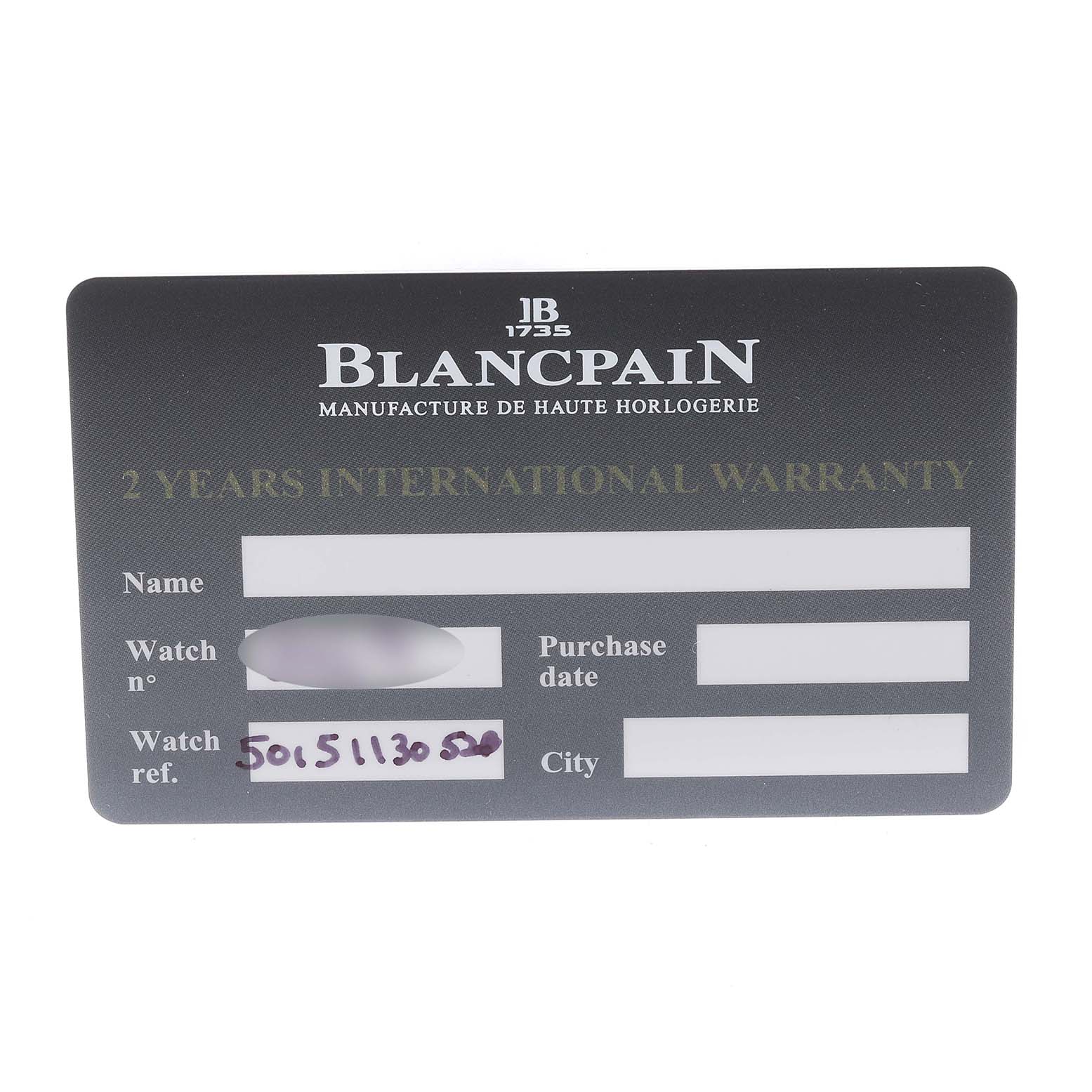 This is the international warranty card for the Blancpain Fifty Fathoms 5015-1130-52A Men's Stainless Steel Black Dial 5015-1130-52A Men's Stainless Steel Black Dial watch, shown from a top-down angle.