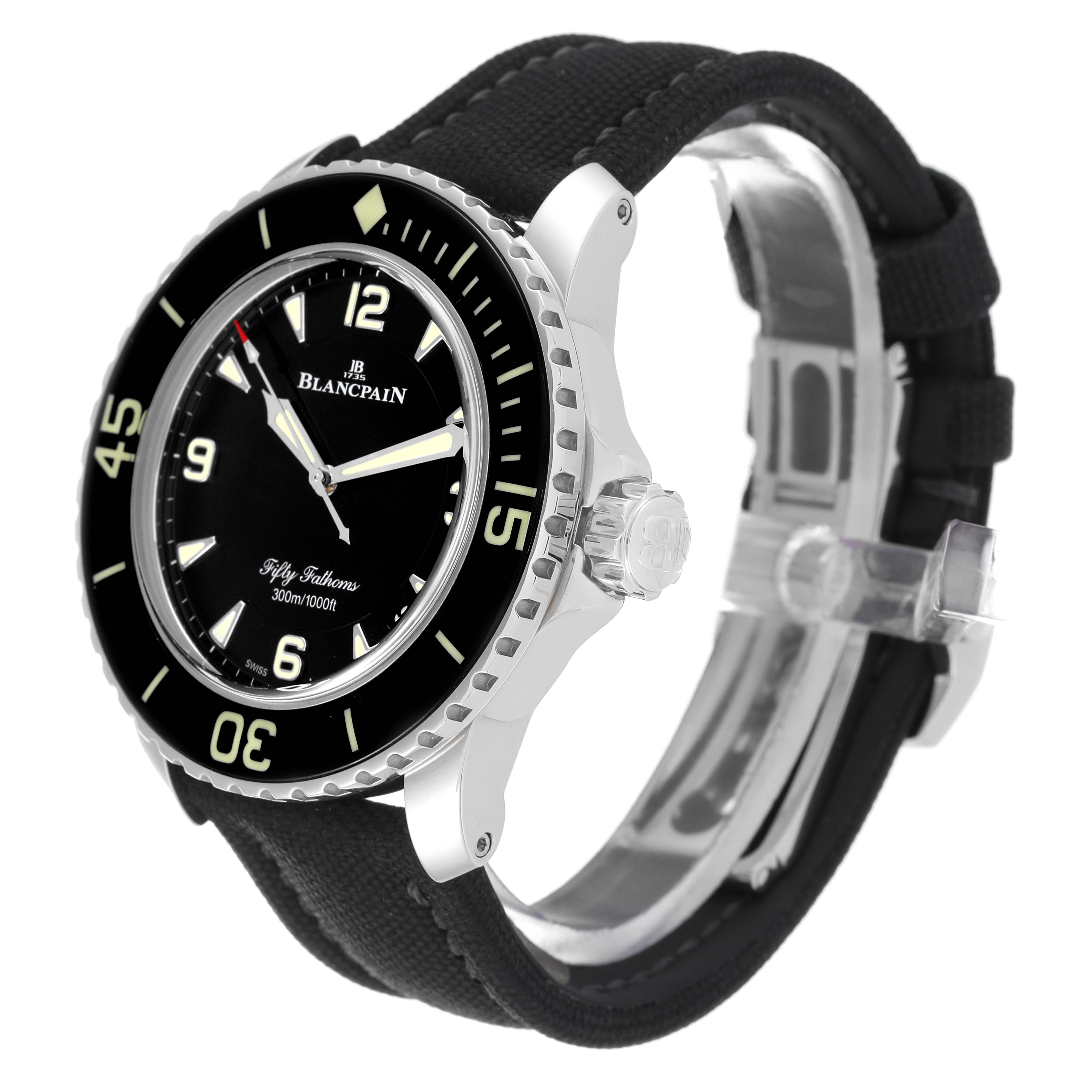 The image shows a Blancpain Fifty Fathoms 5015-1130-52A Men's Stainless Steel Black Dial 5015-1130-52A Men's Stainless Steel Black Dial watch at a 3/4 angle, highlighting the dial, bezel, crown, and strap.