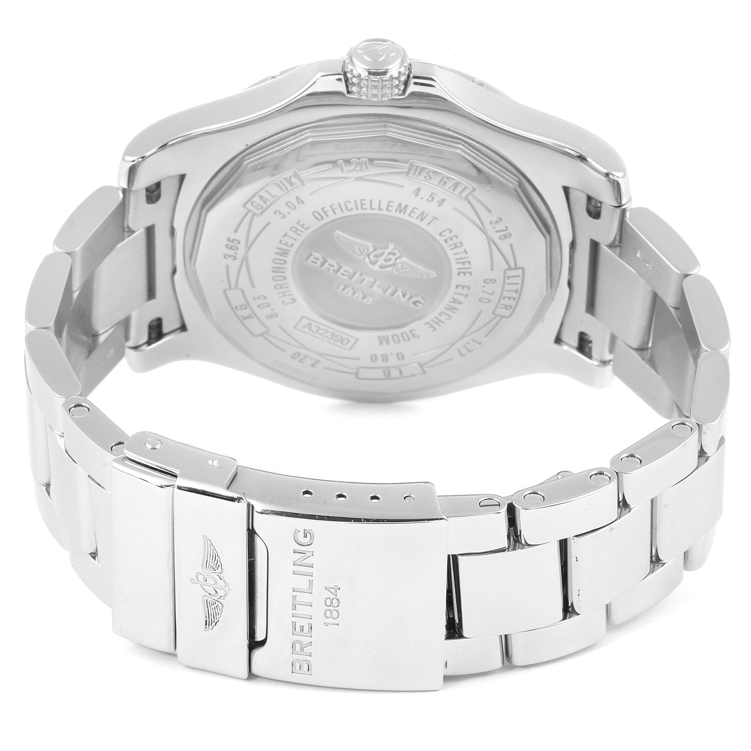 The image shows the back and clasp of a Breitling Avenger A3239011-C872-170A Men
s Stainless Steel Mother of Pearl Dial A3239011-C872-170A Men
s Stainless Steel Mother of Pearl Dial watch from a rear angle.