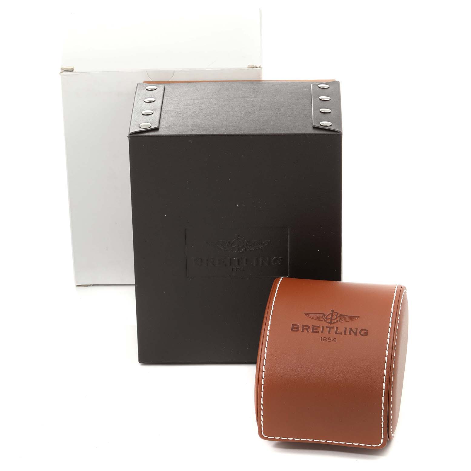 The image shows Breitling Avenger A3239011-C872-170A Men
s Stainless Steel Mother of Pearl Dial A3239011-C872-170A Men
s Stainless Steel Mother of Pearl Dial packaging, including a black box and a brown leather watch case.